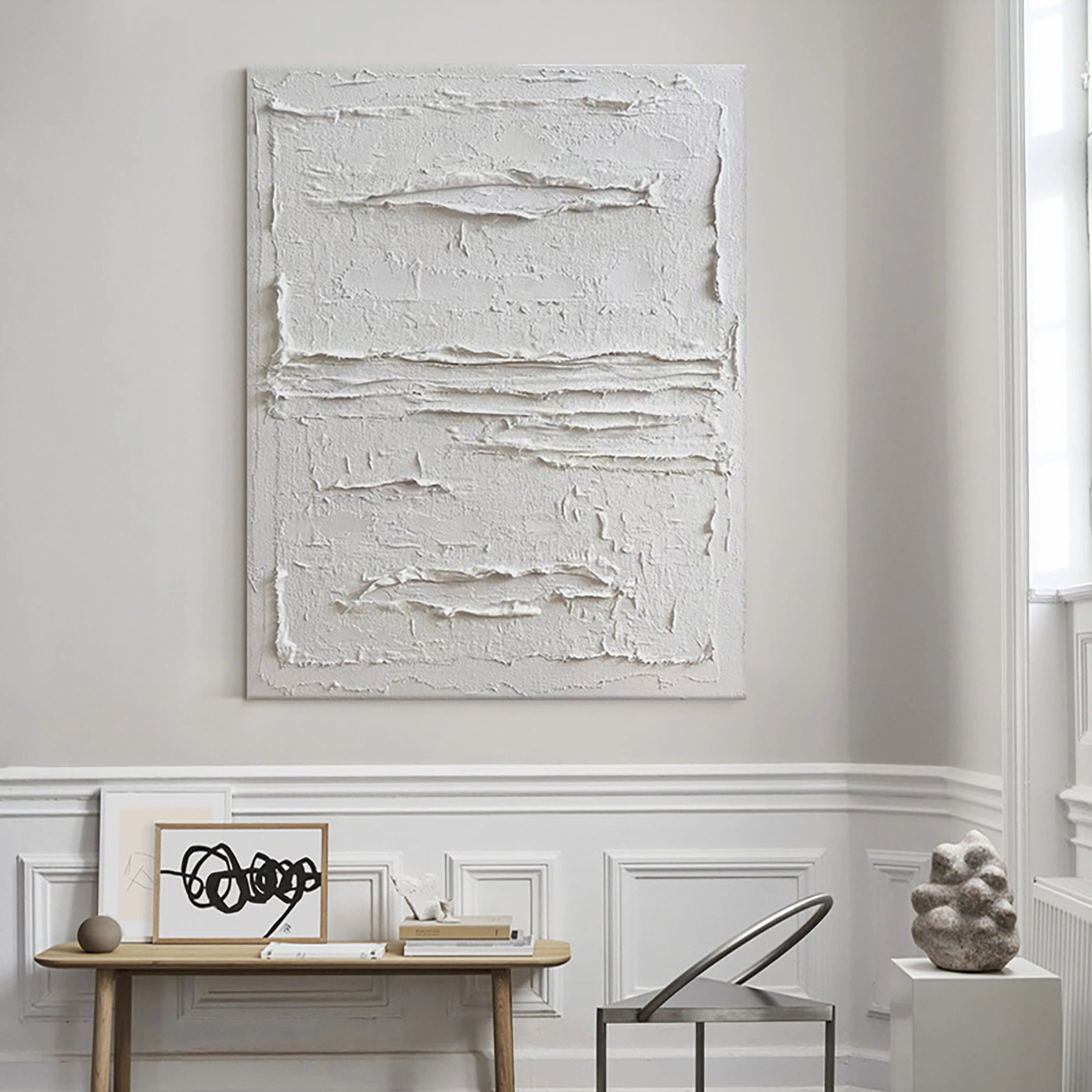 White Minimalist Textured Painting Canvas - Modern Abstract Wall Art for Living Room & Bedroom Decor | Premium Quality Artist Canvas #MM024
