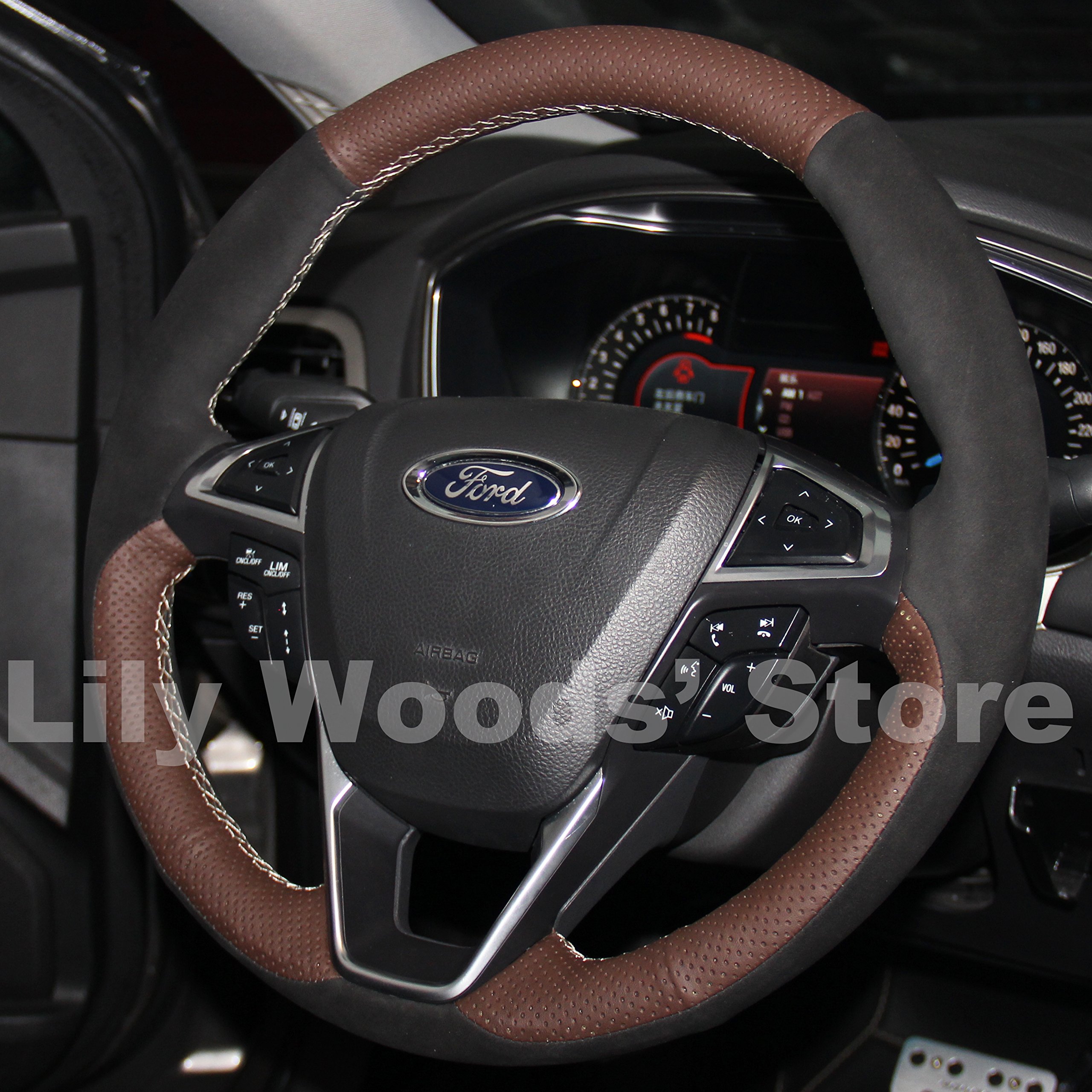 Premium Black Suede Genuine Leather Steering Wheel Cover - Custom Fit for Ford Edge 2015-2016 & Ford Fusion 2013-2016 - DIY Hand Sewing Car Accessories - Perfect for Comfort, Grip & Luxury Driving Experience