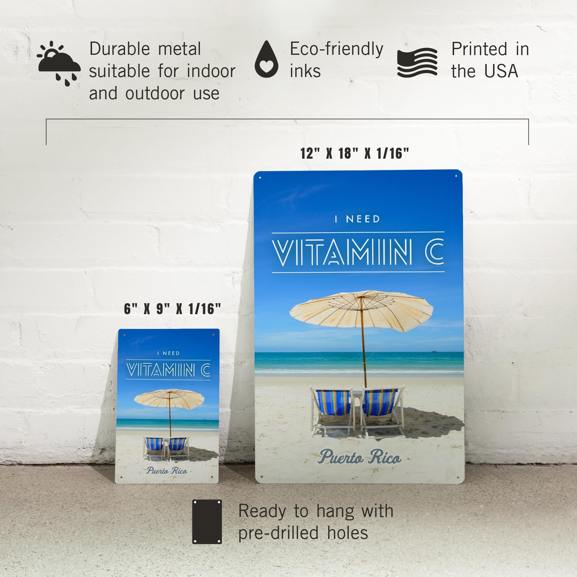 Lantern Press 6x9 Inch Puerto Rico Metal Sign - 'I Need Vitamin C' Beach Decor with Chairs & Umbrella - Perfect for Home, Office, Bar, or Outdoor Patio Decorations