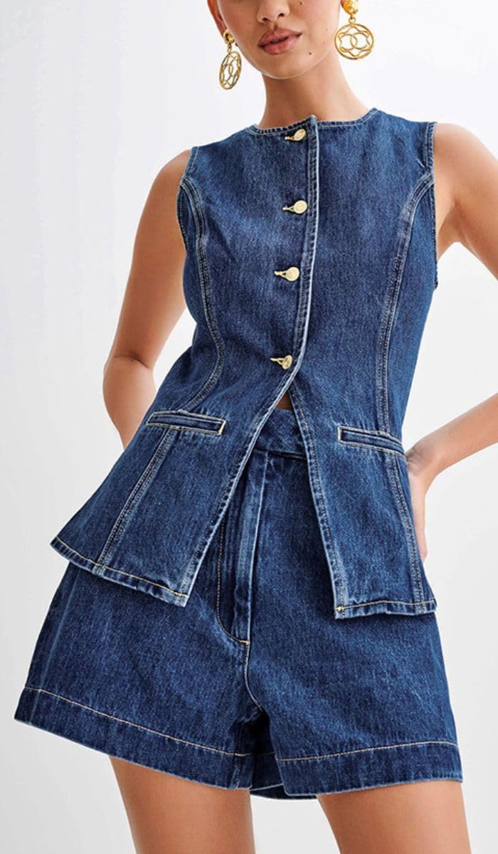 Women's Denim 2 Piece Outfit - Sleeveless Jean Blazer Vest & Shorts Set for Casual & Business Wear | Summer Street Style, Office Outfits, Weekend Looks