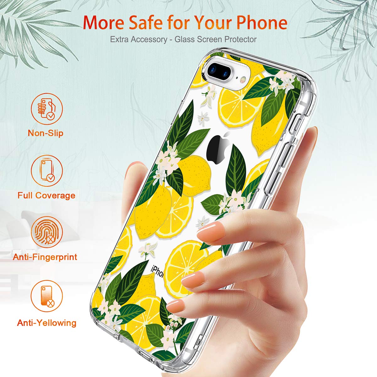 GiiKa Heavy Duty Clear iPhone 8 Plus Case with Screen Protector | Floral Design TPU Bumper Cover | Shockproof Protective Phone Case for Women | Compatible with iPhone 7 Plus (Yellow Lemons Pattern) | Perfect for Everyday Use, Work & Outdoor Activities