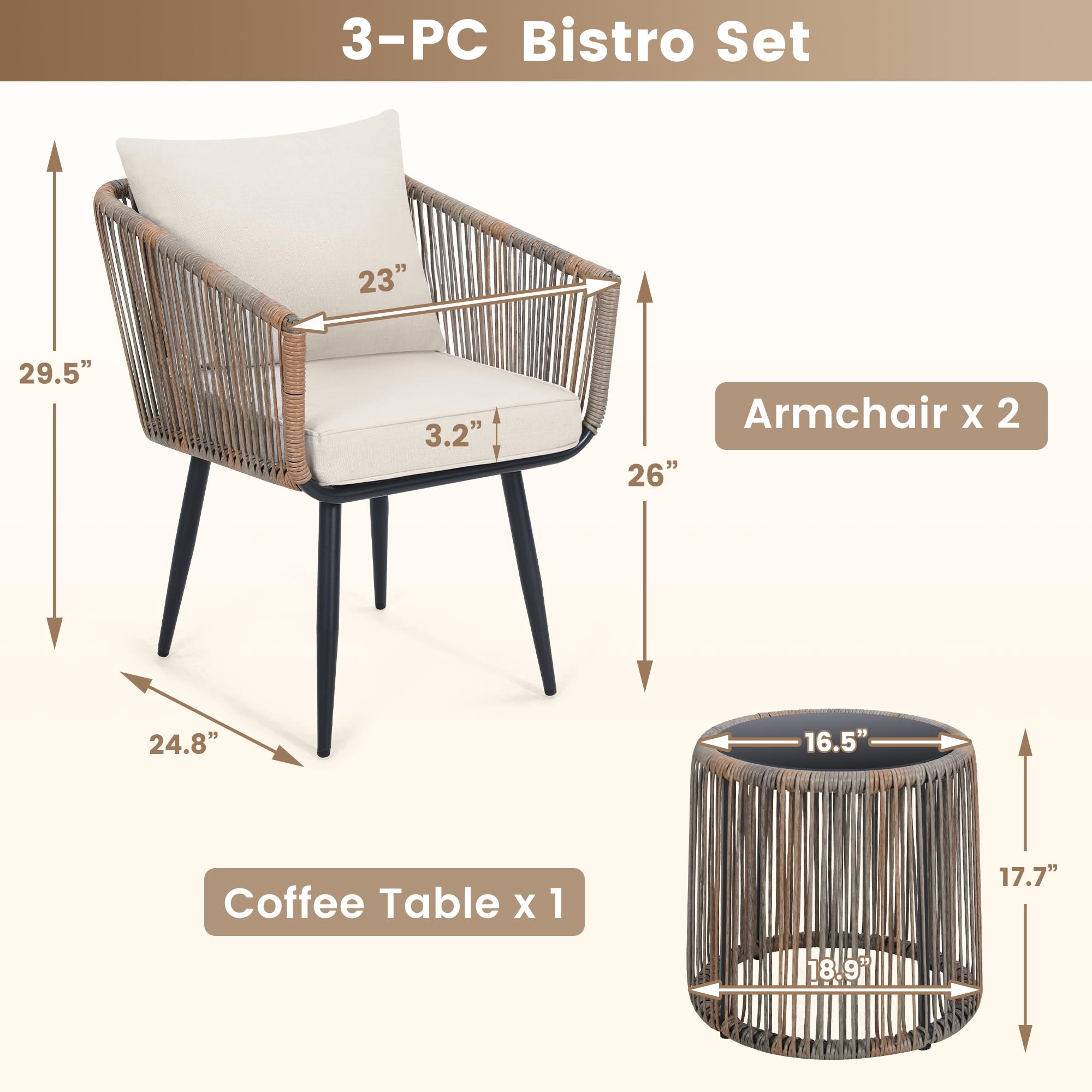 Kromax 3-Piece Patio Rattan Bistro Set - All-Weather Wicker Outdoor Furniture with 2 Chairs & Side Table - Perfect for Balcony, Porch, Backyard, Garden or Poolside - Beige