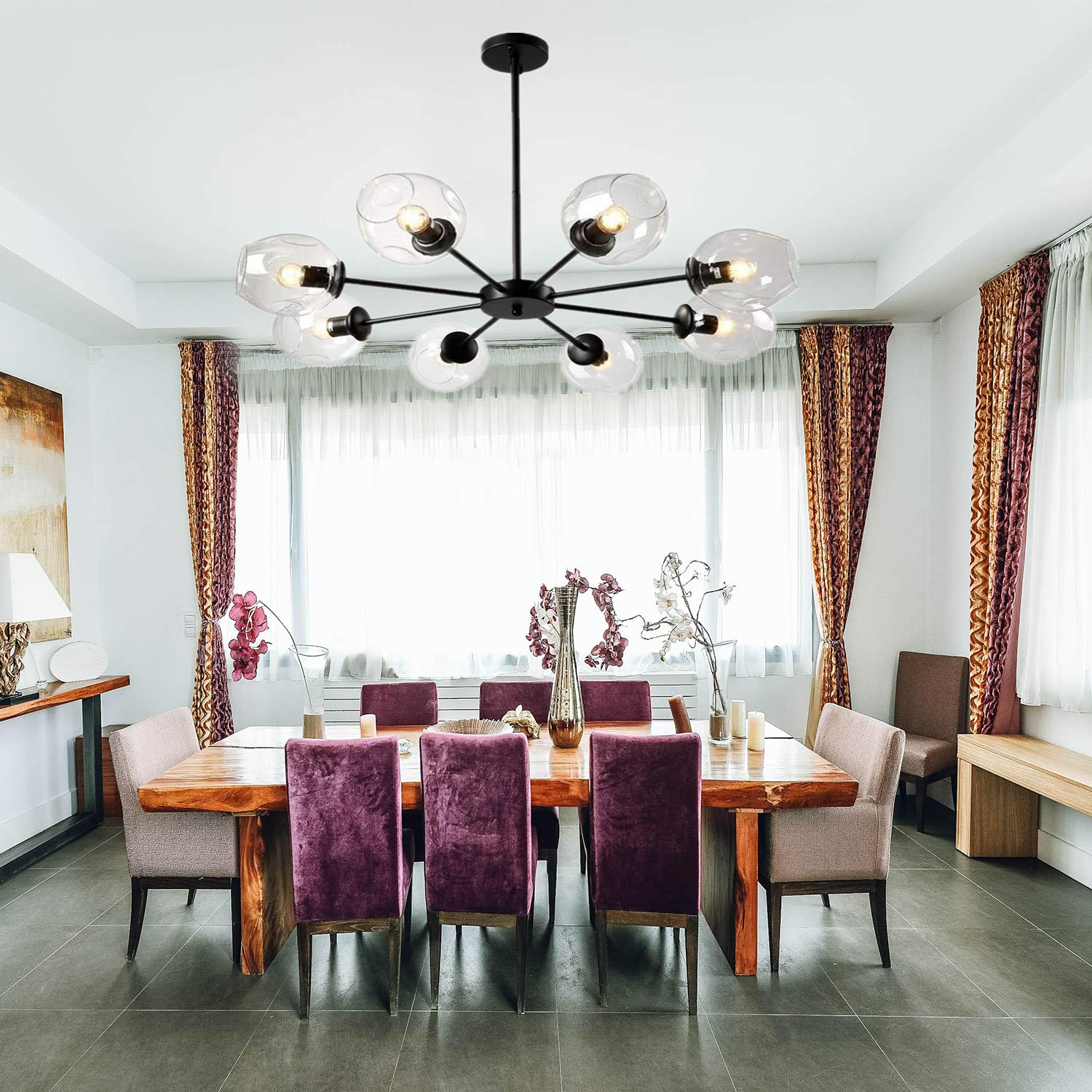 Modern 8-Light Black Glass Chandelier with Clear Lampshades - E26 Ceiling Pendant Lighting Fixture for Living Room, Dining Room & Bedroom Decor (Black Metal Frame + Crystal Glass Shades) - Perfect for Home, Restaurant and Hotel Lighting