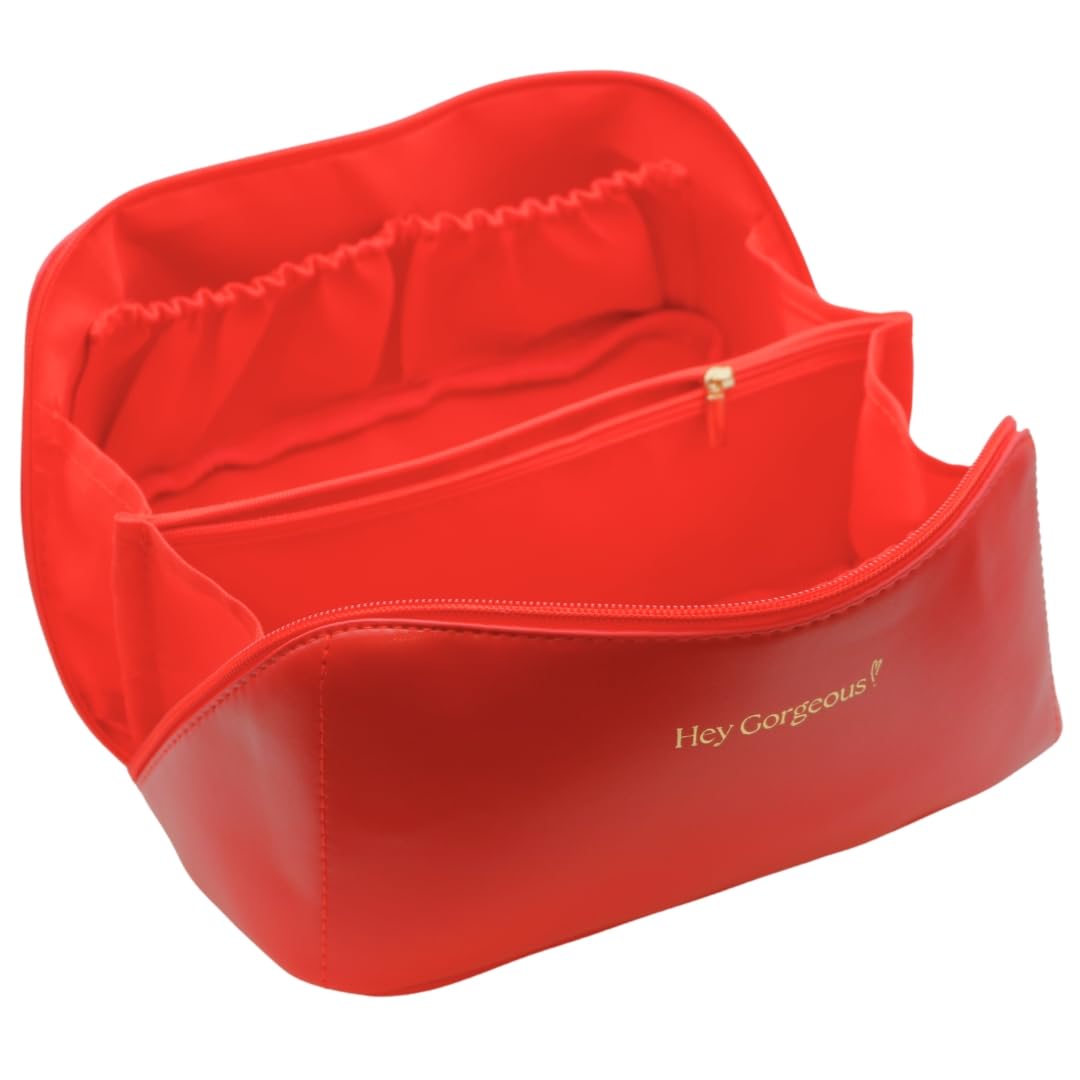 Large Waterproof Travel Makeup Bag - Spacious Cosmetic Organizer with Fixed Divider | Portable Toiletry Case for Skincare, Brushes & Beauty Accessories | Durable Handle & Red Velvet Design | Perfect for Vacations, Gym & Daily Use