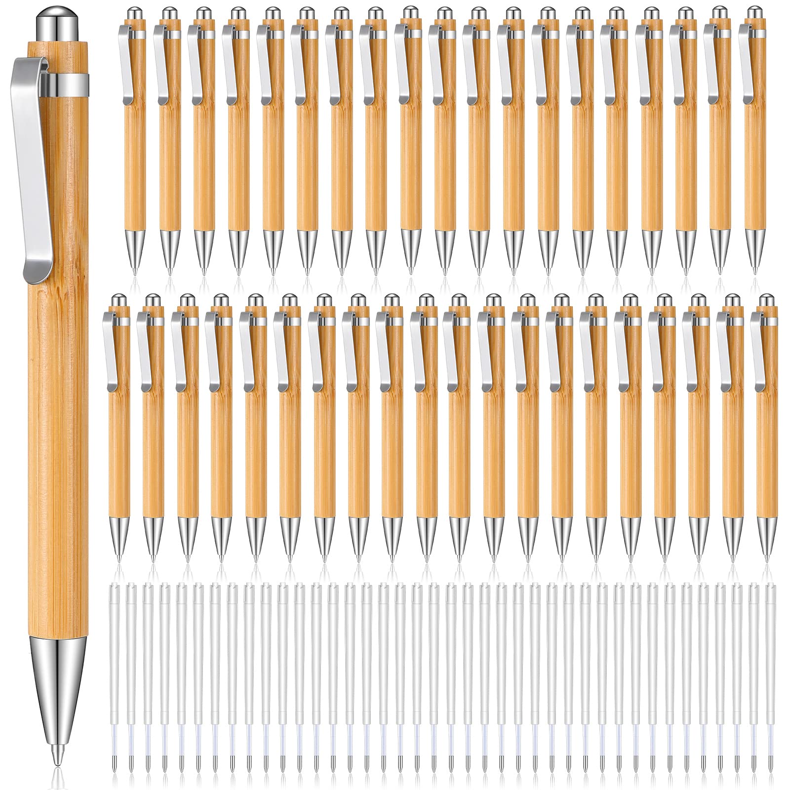 40 Pcs Bulk Bamboo Pens - Natural Wood Engraved Retractable Ballpoint Pens with Extra Black Ink Refills | Eco-Friendly Office Supplies for Writing, Journaling & Gifts
