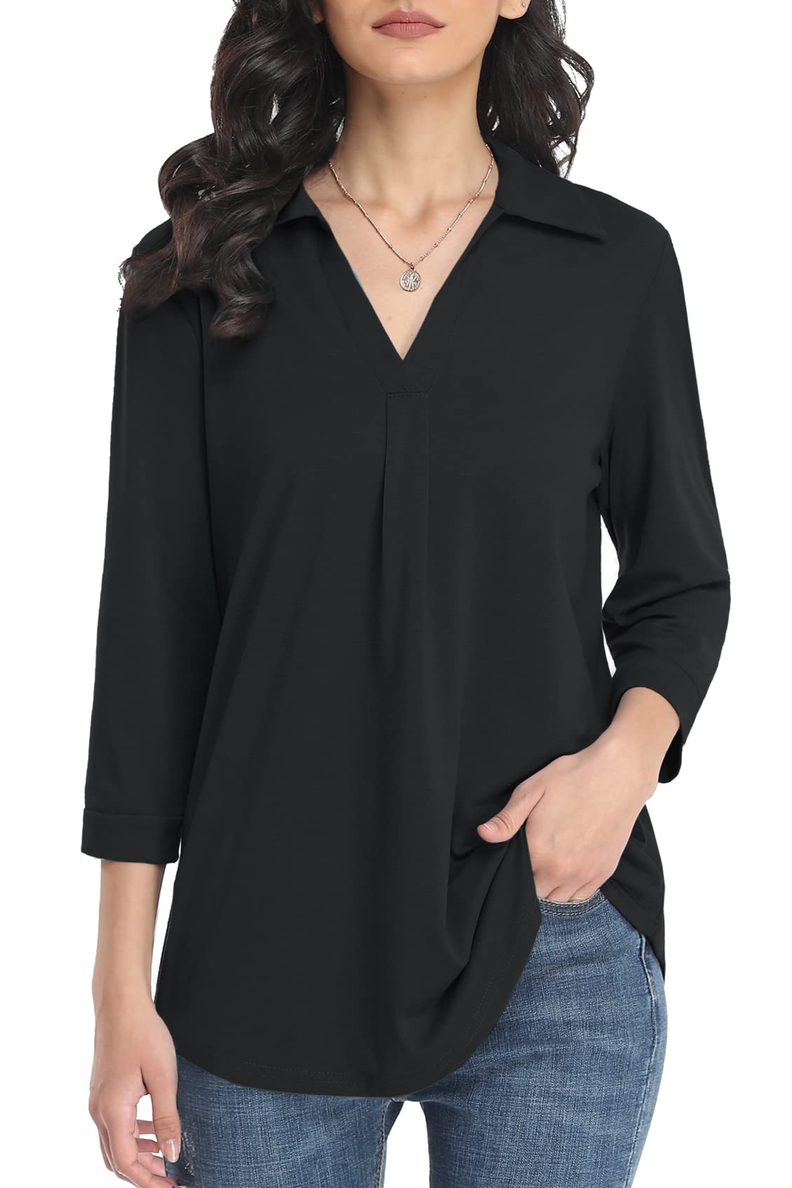 MXNU Women's V Neck 3/4 Sleeve Blouse - Business Casual Tops for Office & Workwear | Perfect for Professional Meetings, Office Wear & Smart Casual Outfits
