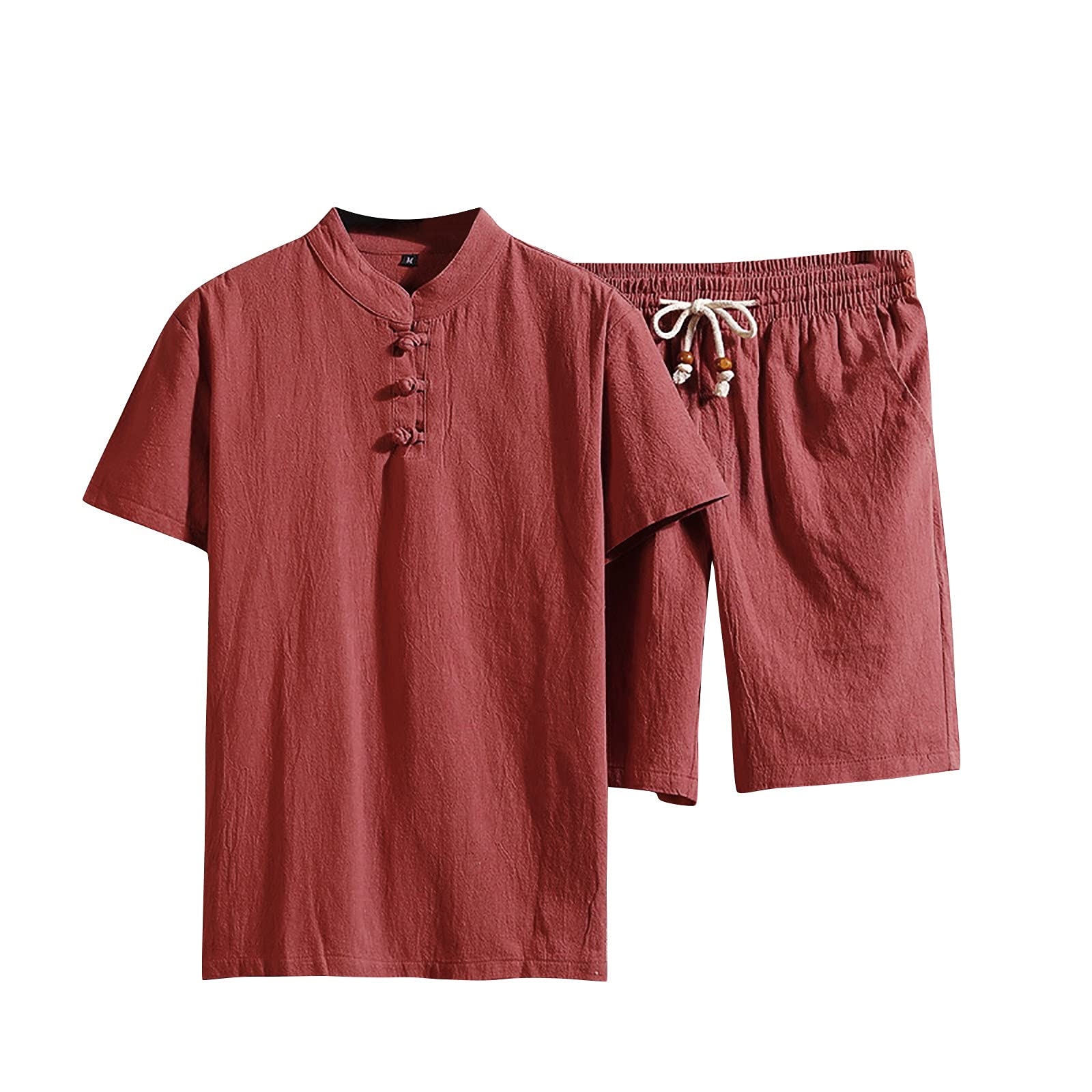 Balakie Men's Fashion Short Sleeve T-Shirt & Shorts Set - 100% Cotton Linen Casual Button Down Beach Outfit - Two-Piece Summer Suits for Vacation, Pool Party, and Outdoor Activities