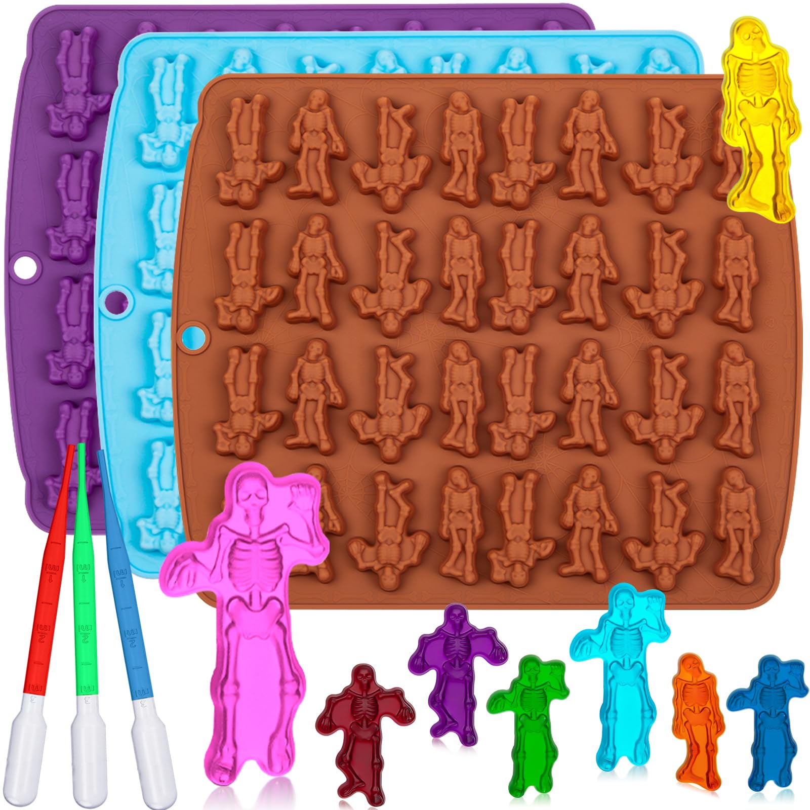 3 Pack Non-Stick Silicone Gummy Skull Candy Molds - Halloween Skeleton & Mini Skull Molds with 3 Droppers for DIY Treats, Baking, Party Favors & Spooky Decorations