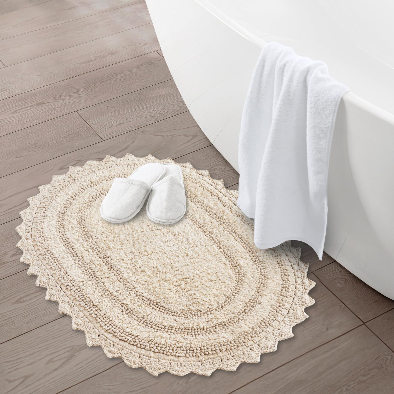 RAJRANG Short Bathroom Rug 24x17 Inches - 2 Pack Cotton Crochet Reversible Boho Bath Mat | Non-Slip Soft Floor Mat for Bathroom, Shower, Vanity & Bedroom Decor