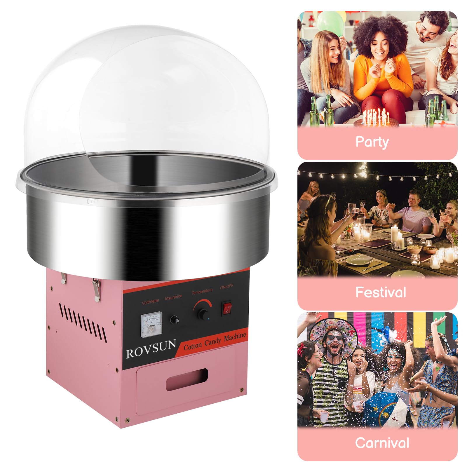 ROVSUN 21 Inch Commercial Cotton Candy Machine - Electric Candy Floss Maker with Stainless Steel Bowl, Cover, Sugar Scoop & Drawer - Perfect for Home, Parties, Carnivals & Events (Pink)