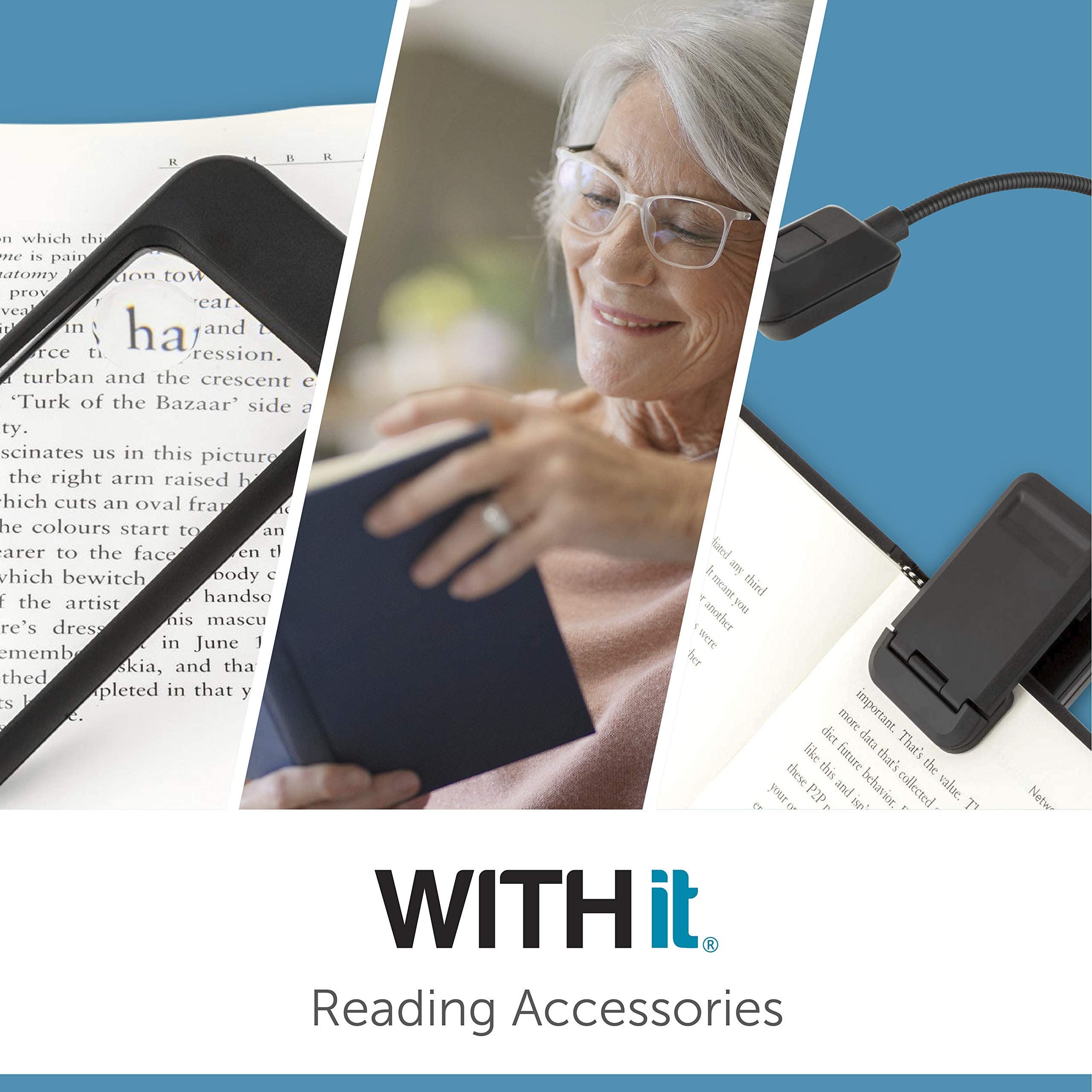 WITHit Quad Clip On Book Light - Navy Blue LED Reading Light with Adjustable Brightness, Portable & Lightweight Bookmark Light for Books, eBooks, Kindle - Perfect for Bedtime Reading, Travel, and Study (Batteries Included)