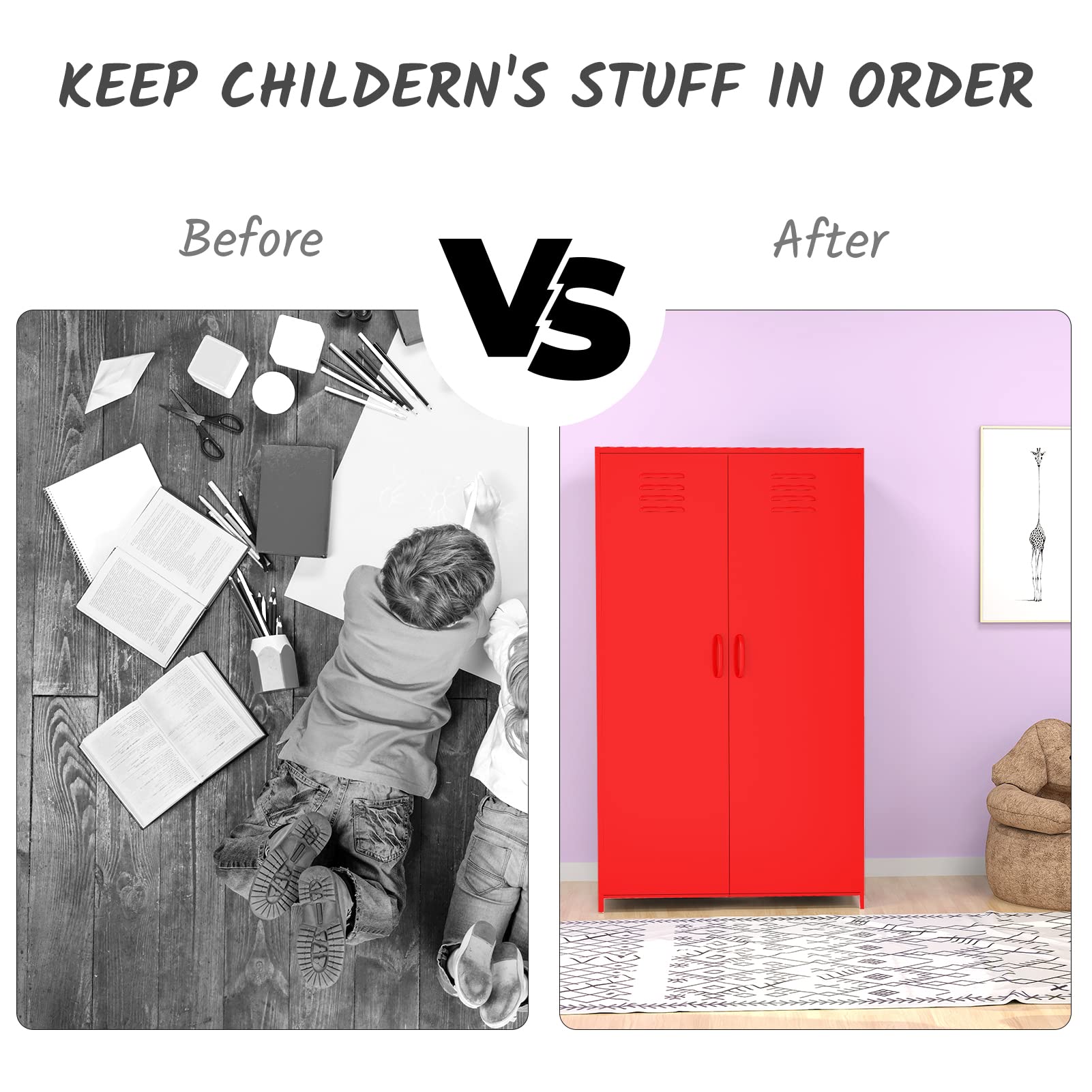 Steel Storage Cabinet with Double Doors - Hanging Rod & Shelves for Toys, Clothes, Books - Perfect for Bedroom, School, Classroom, Office (Red) - Organize Your Space with Durable Metal Locker