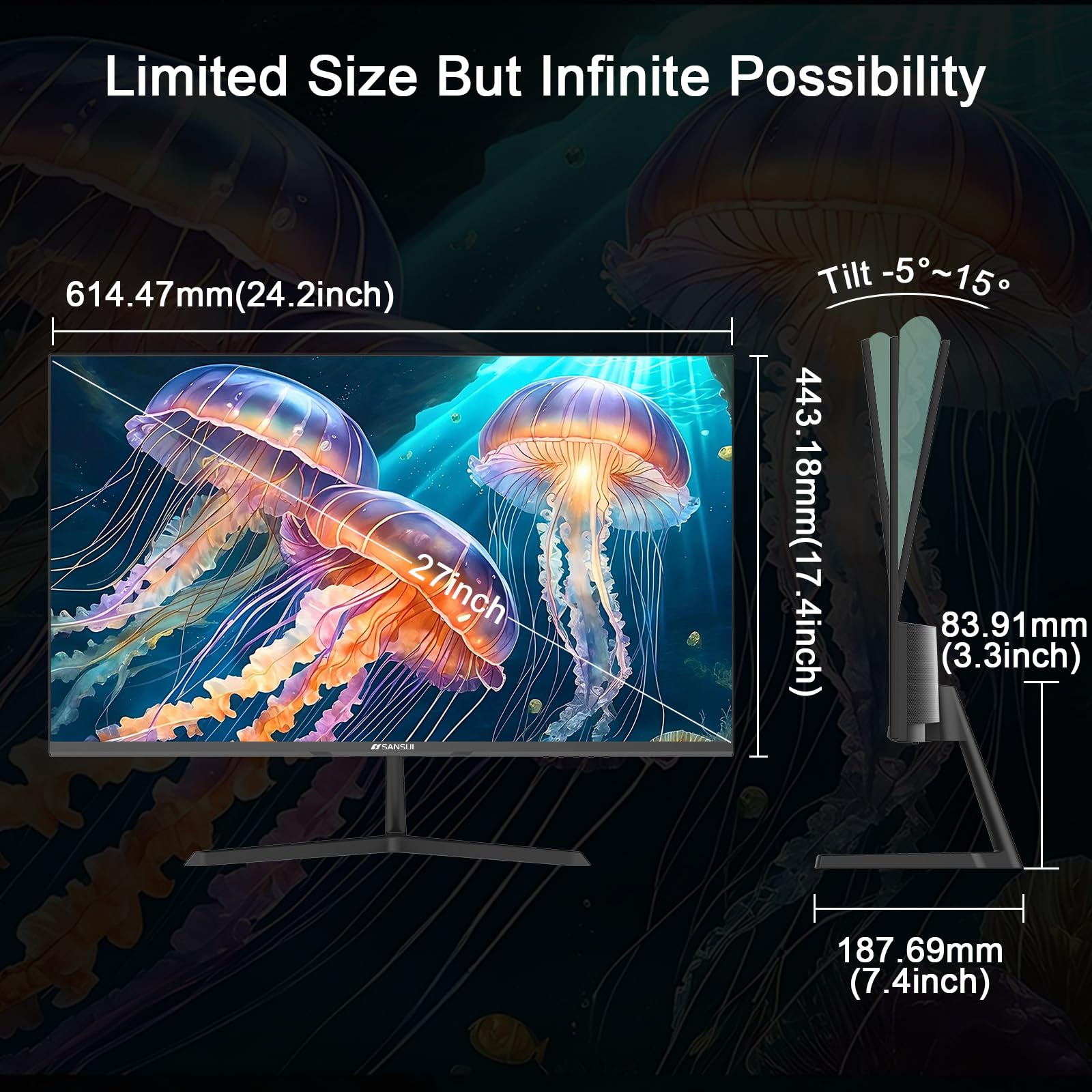 27 Inch SANSUI IPS Computer Monitor - 100Hz, FHD 1080P HDR, HDMI Ports, Adaptive Sync, Tilt Adjustable, Frameless Design, VESA Compatible for Home Office, Gaming & Productivity