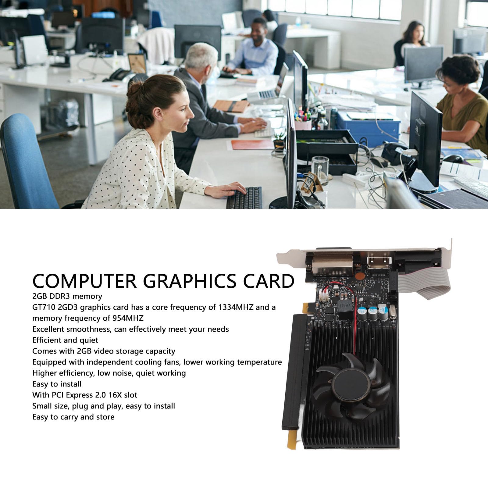 Tosuny GT710 2GB DDR3 64bit PCIe 2.0 Graphics Card - 954/1334MHz, HDMI/DVI/VGA Outputs, Silent Fan for PC Gaming & Office Use | Perfect for 4K Video Playback, Multi-Monitor Setup & Light Gaming