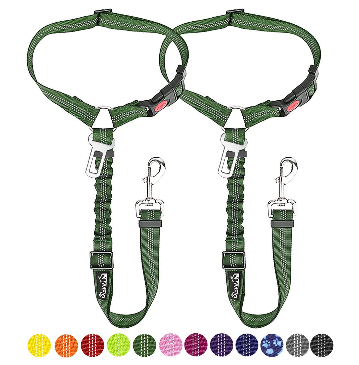 SlowTon Adjustable Dog Seat Belt for Cars - 2 Pack Pet Safety Harness with Elastic Bungee Buffer & Reflective Tether | Headrest + Clip Attachment | Perfect for Road Trips & Daily Commutes (Green)