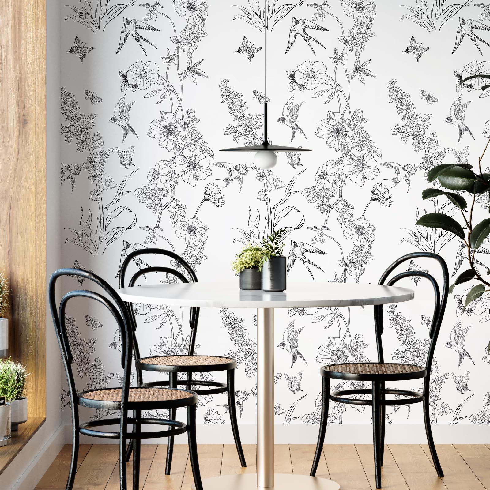 Modern Black and White Floral Peel and Stick Wallpaper - Removable Self-Adhesive Vinyl Contact Paper 17.3” x 120” - Birds Sketch Design for Bedroom, Living Room, Cabinets & Shelf Liner - Easy Home Decor Upgrade for Walls & Furniture