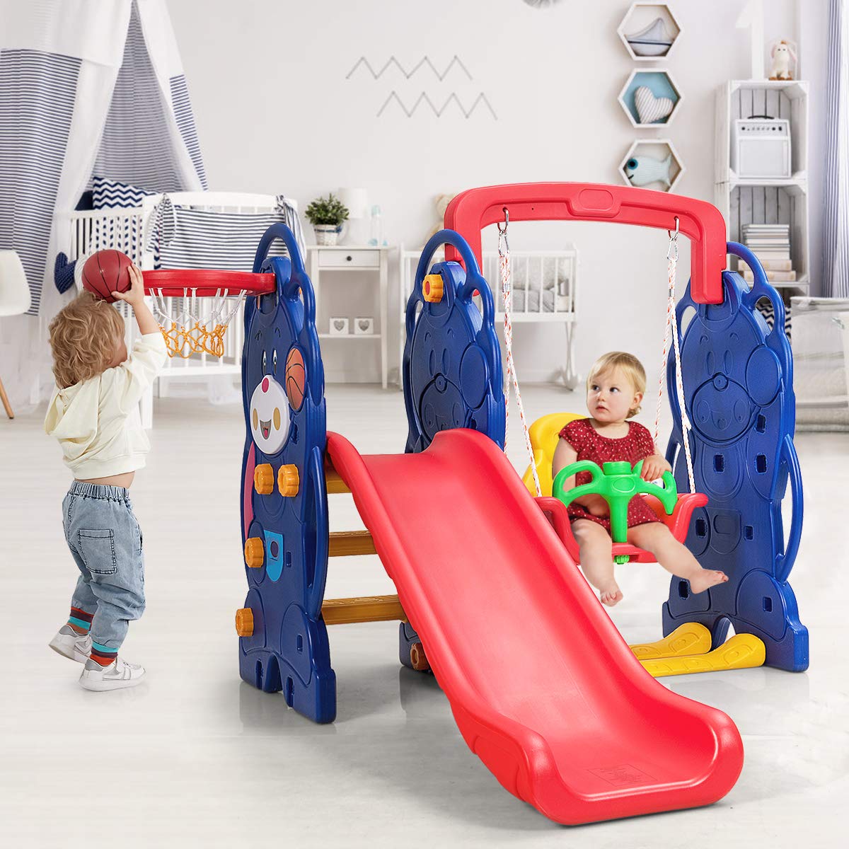 Costzon 3-in-1 Toddler Swing and Slide Playset with Basketball Hoop - Large Outdoor Climber Set for Kids Ages 3-10 - Sturdy Long Slide, Safety Stairs & Thickened Panels - Perfect for Backyard, Garden & Indoor Play - Great Birthday & Holiday Gift for Boys & Girls