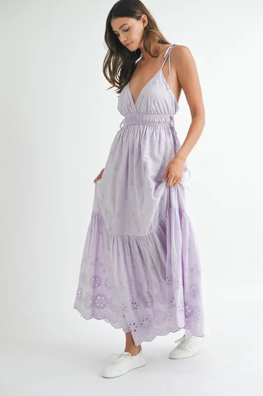 Elegant Eyelet Lace Maxi Dress with Adjustable Side Straps - Perfect for Summer Weddings, Beach Vacations & Boho Chic Outfits