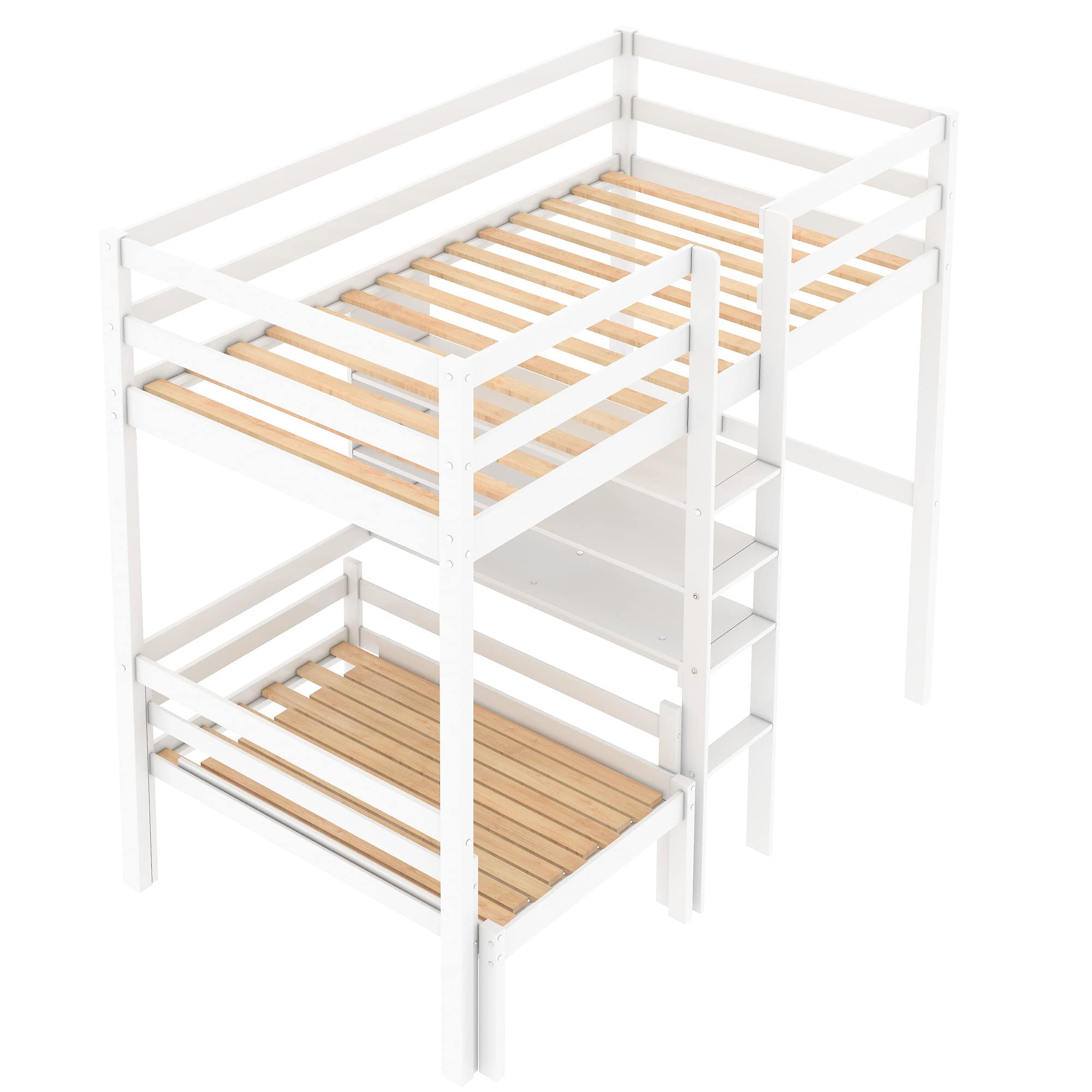 Harper & Bright Designs Twin Size Loft Bed with Desk - Wooden Bunk Bed with Storage Shelves, Ladder & Safety Rail - Convertible Lower Bed, No Box Spring Needed - White - Perfect for Kids' Bedroom, Dorm Room or Small Space Saving Solution