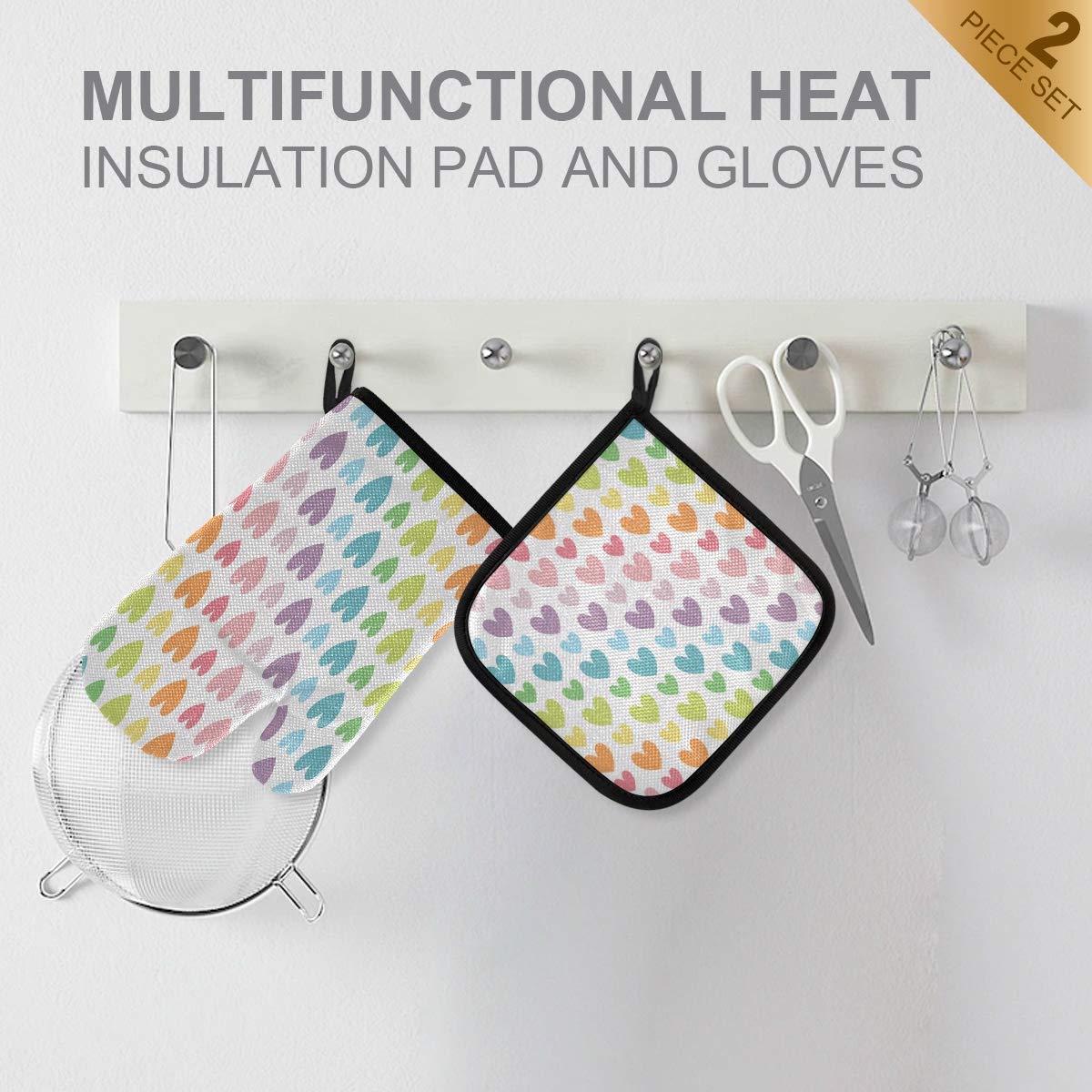 Rainbow Heart Oven Mitts & Pot Holders Set - 2 Pcs Heat Resistant Non-Slip Kitchen Gloves for Cooking, Baking, BBQ, Grilling - Perfect for Valentine's Day Gifts & Holiday Kitchen Decor