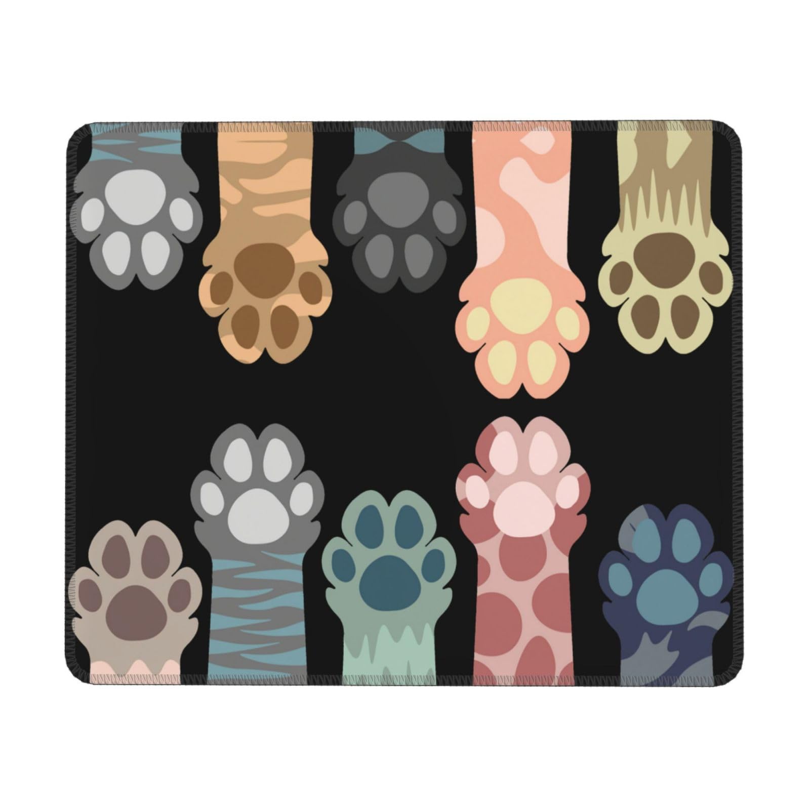 Colorful Cat Paw Print Mouse Pad - Non-Slip Rubber Base, Stitched Edges, 10