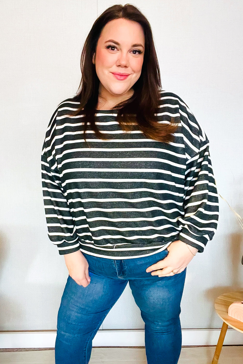 Stylish Charcoal Striped Terry Banded Dolman Pullover Sweater for Women - Cozy & Fashionable Loungewear for Casual Outings and Relaxing at Home