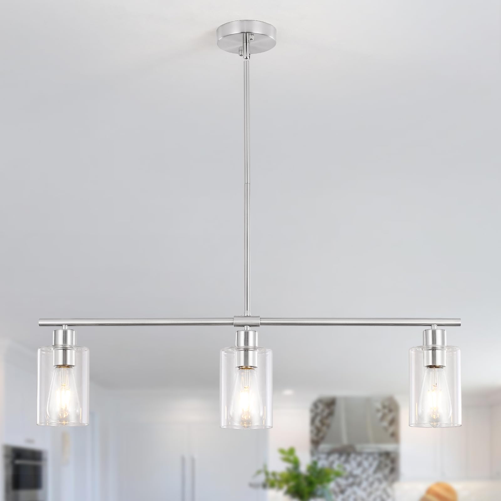 3-Light Brushed Nickel Pendant Light Fixture - Industrial Farmhouse Kitchen Island Lighting with Glass Shades for Dining Room, Bar Table, Foyer & Entryway | Modern Ceiling Hanging Chandelier for Home Decor