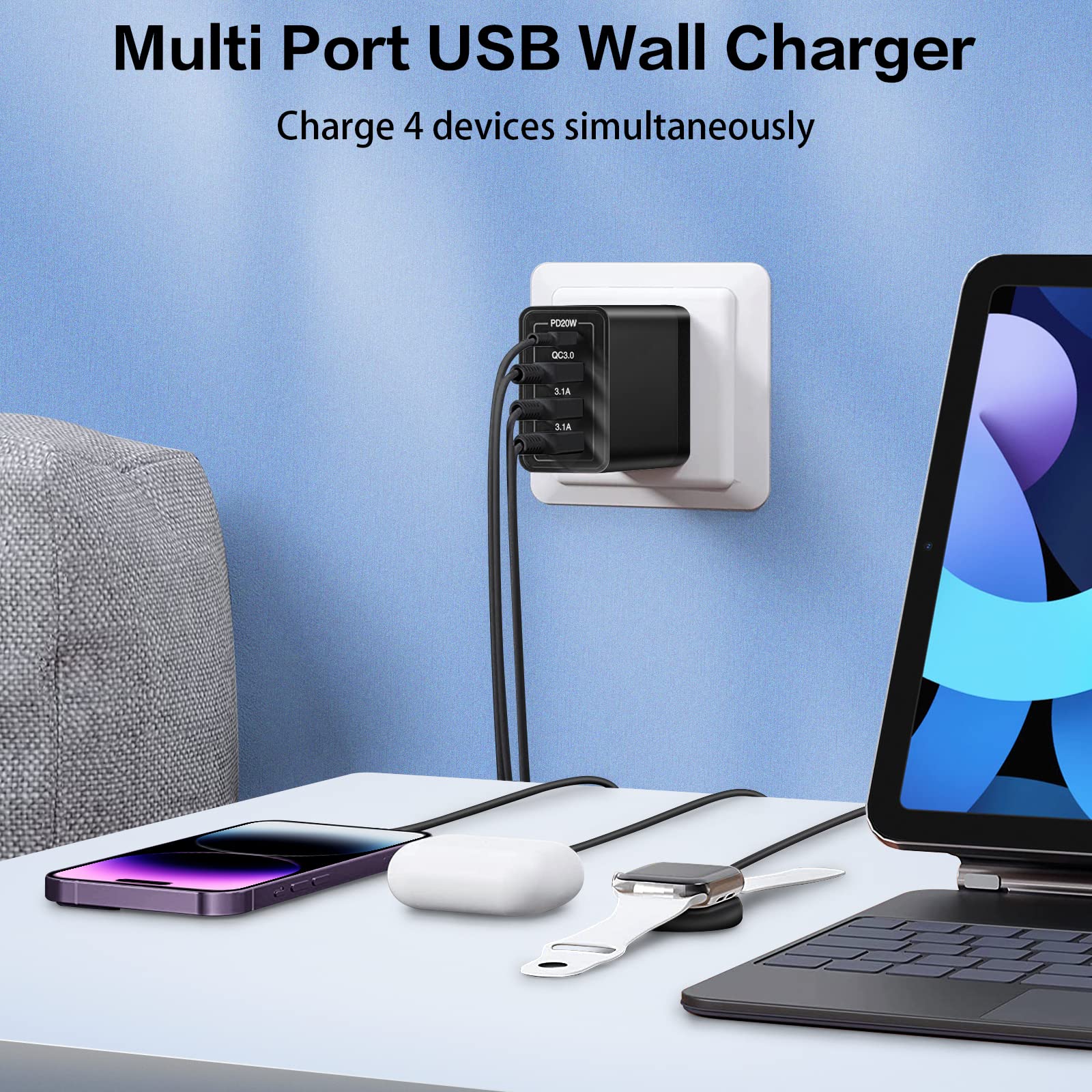 35W 4-Port USB C Fast Charger Block - GaN Wall Charger with PD 3.0 Quick Charge for iPhone 15/14/13/12 Pro Max, Samsung Galaxy S23/S22, Google Pixel 7/6, iPad - Compact Travel Charging Cube for Home, Office & Car
