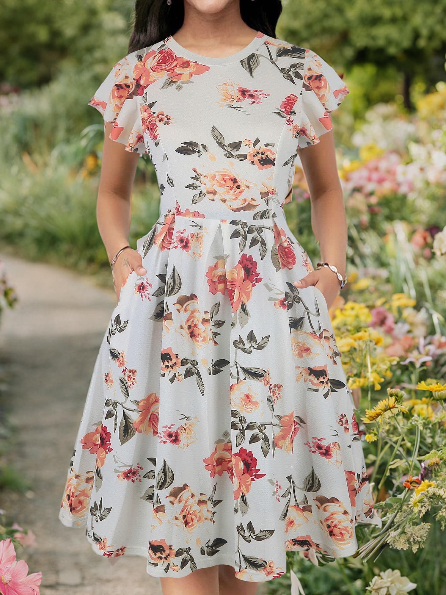 Oxiuly Women's Vintage Flare Sleeve Scoop Neck Church Dress with Pockets - Elegant Cocktail Party Dress for Wedding, Easter, Sunday Service & Special Occasions