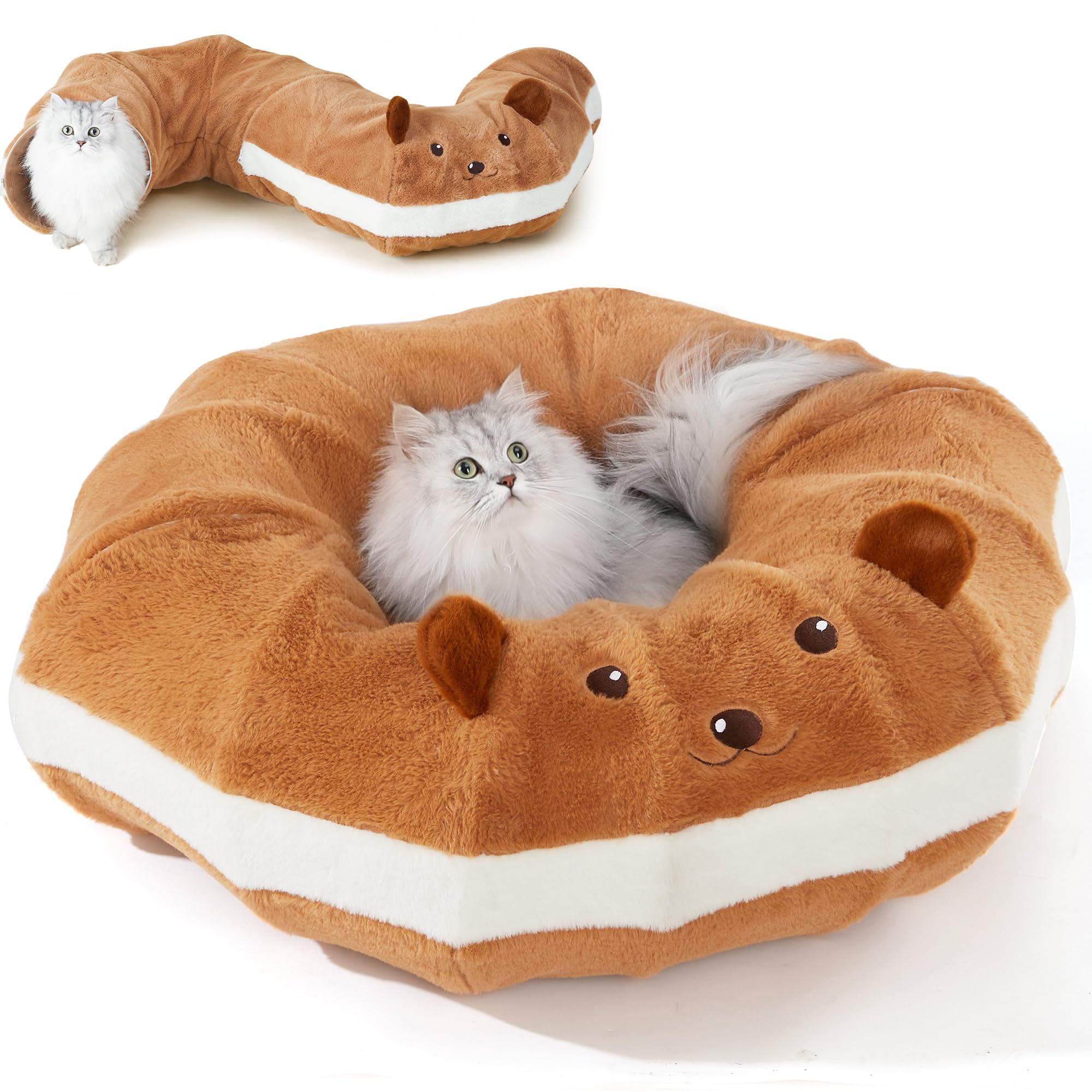 FUKUMARU Cat Tunnel Bed - Crinkle Paper Donut Cat Toy with Ears, Round Playground Tunnel for Kittens & Small Pets | Interactive Hideaway, Collapsible & Washable | Perfect for Playtime, Napping & Indoor Exercise