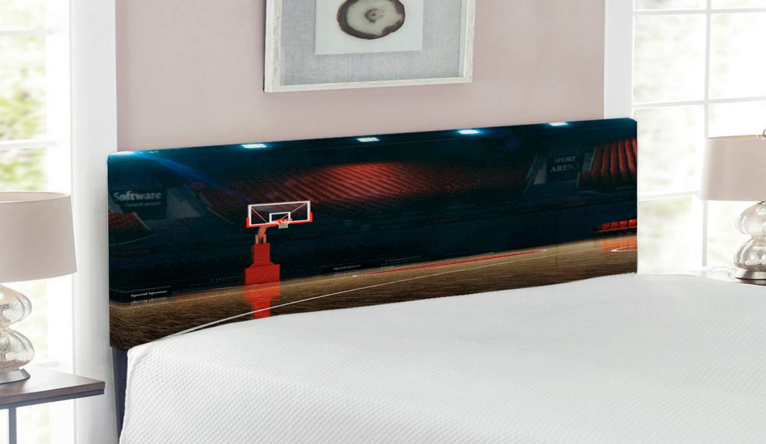 Ambesonne Basketball Headboard - Empty Court Sport Arena Wood Floor Print Upholstered Metal Bed Headboard with Memory Foam, Queen Size, Brown Black & Red - Perfect for Sports Lovers' Bedroom Decor & Game Room Theme