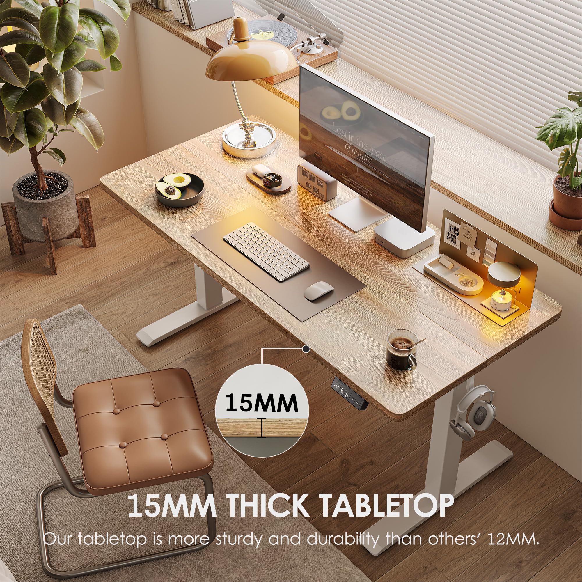 TIQLAB 47 x 24 Inch Electric Height Adjustable Standing Desk - Sit to Stand Home Office Desk with Splice Board, White Frame & Maple Top - Perfect for Remote Work, Gaming, and Ergonomic Workspaces