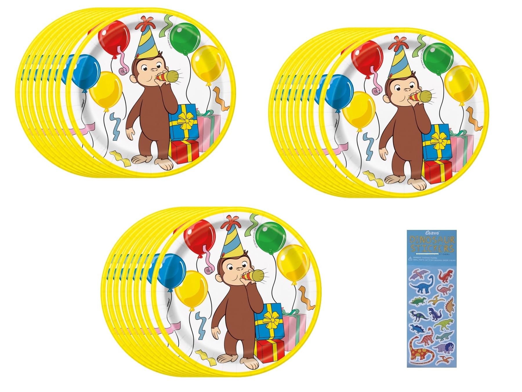 Curious George Party Supplies Set - 24 Dessert Plates & Dinosaur Stickers for Kids Birthday Decorations | Perfect for Themed Parties, Baby Showers & Classroom Celebrations