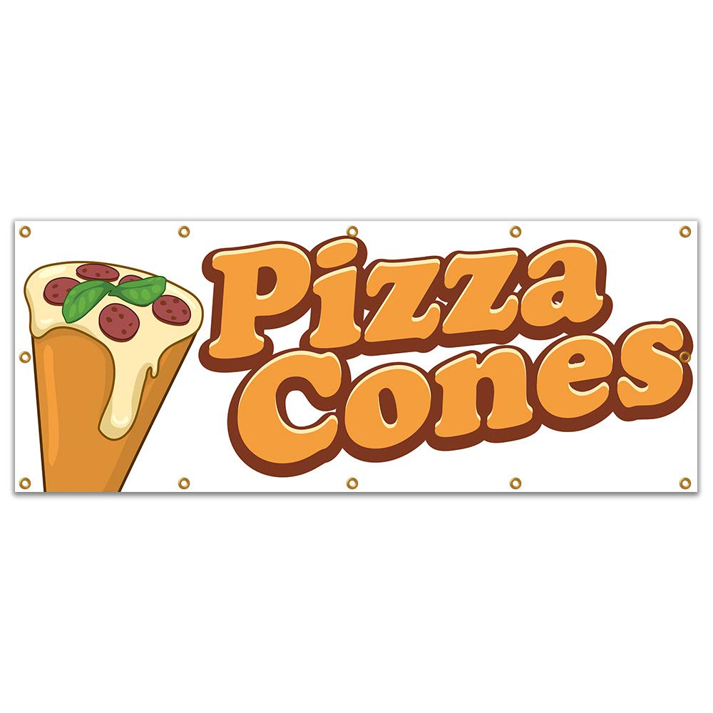 Pizza Cones 120-Inch Banner for Concession Stands & Food Trucks - Single Sided Vinyl Sign for Outdoor Events, Festivals, and Street Food Businesses