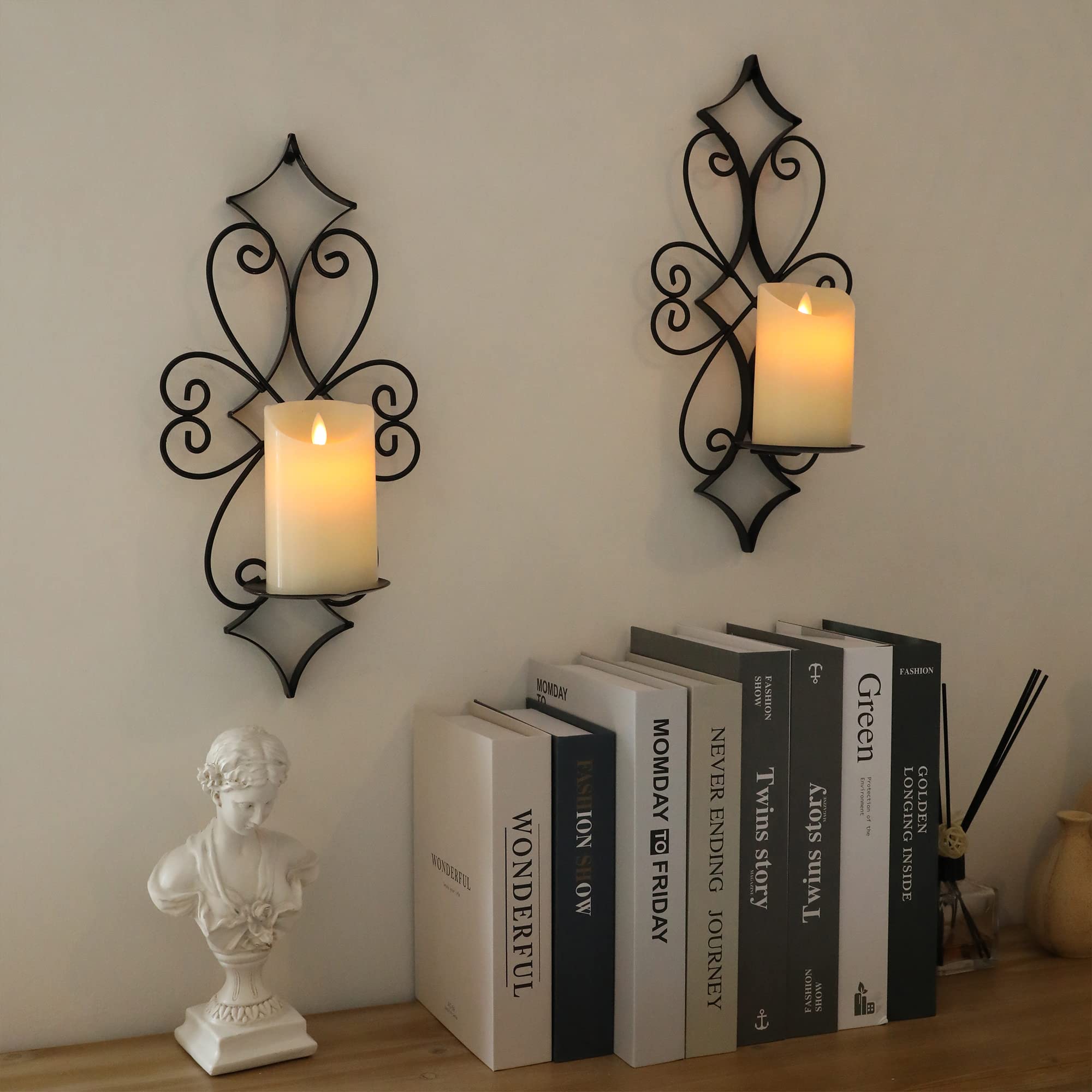 Set of 2 Black Metal Wall Candle Sconces Holder - Elegant Wall Mounted Candle Holders for Living Room, Bedroom & Dining Room Decor | Perfect for Romantic Ambiance, Wedding Decor & Home Interior Design