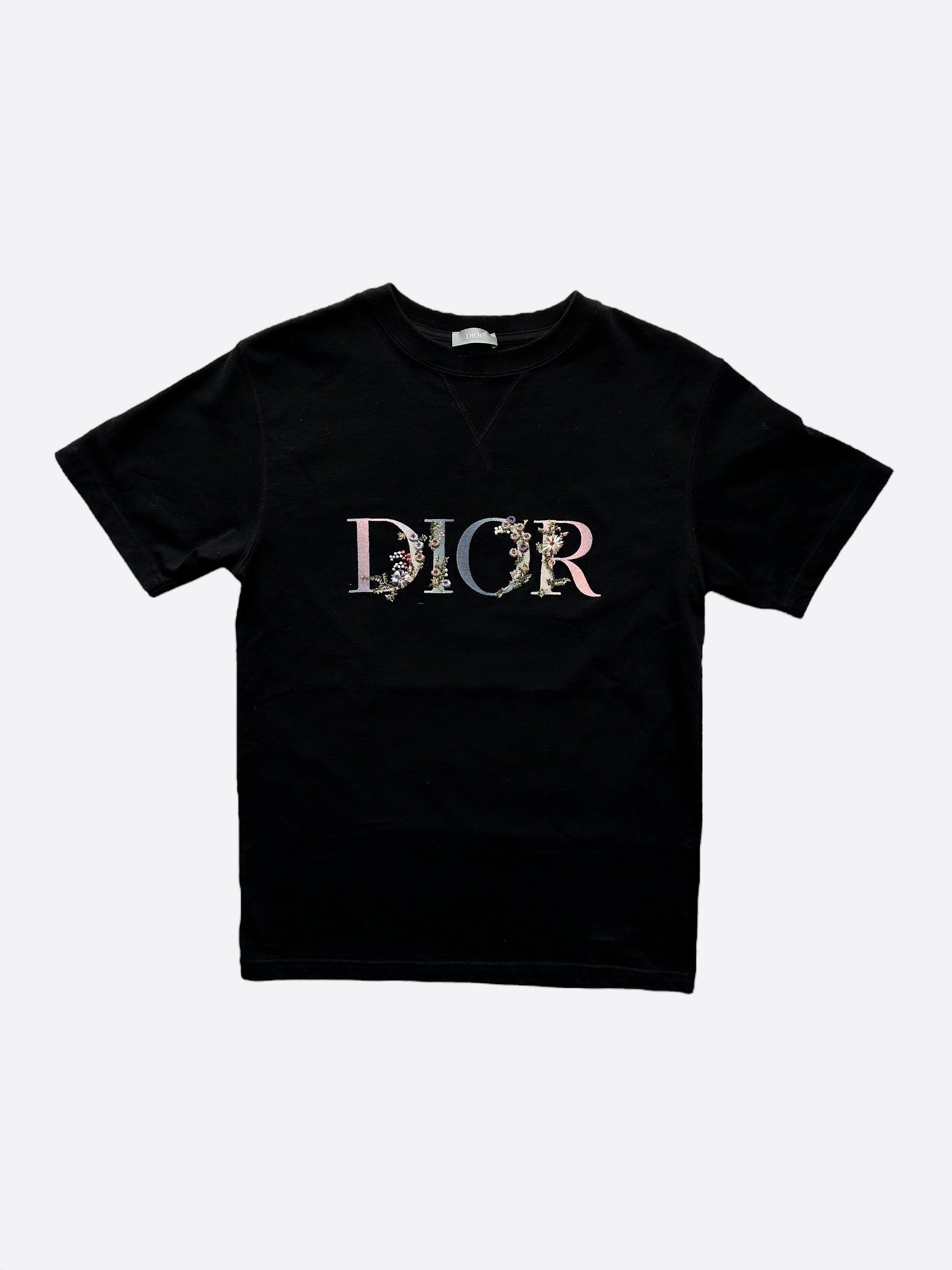 Dior Black Floral Logo Embroidered T-Shirt for Women | Luxury Fashion Cotton Tee | Perfect for Casual Wear, Date Nights & Street Style Outfits