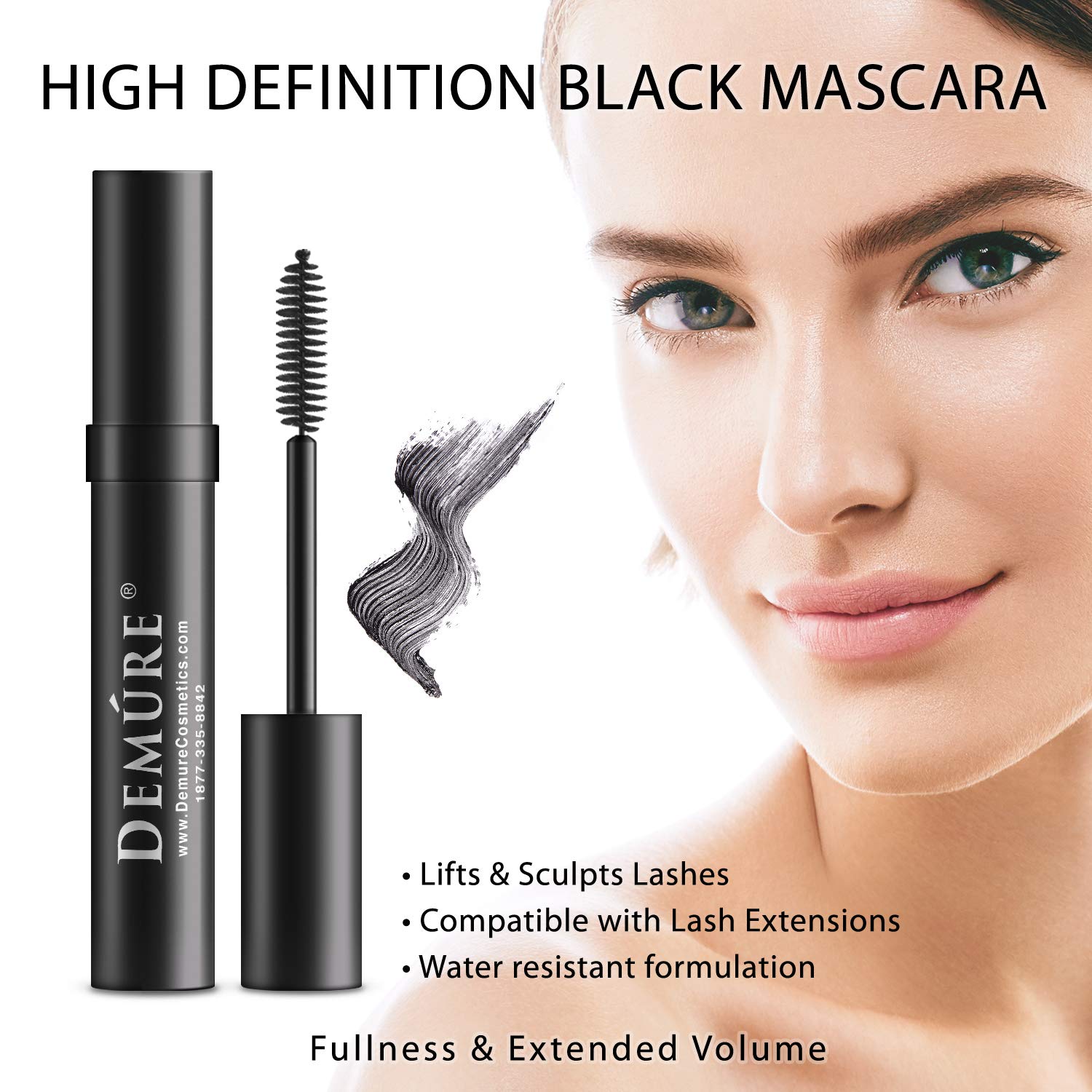 Demure Mineral Voluminous Eye Mascara - Conditioning Black Mascara for Long, Lush Lashes | Water Resistant & Lash Extension Friendly | HD Definition for Day & Night Wear