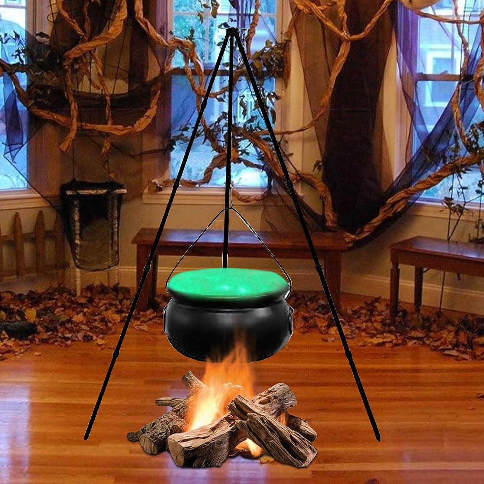Large Black Plastic Halloween Witches Cauldron with Tripod & LED Lights - 130CM Outdoor/Indoor Decor for Porch, Yard & Halloween Party | Spooky Candy Bucket & Witch-Themed Decoration