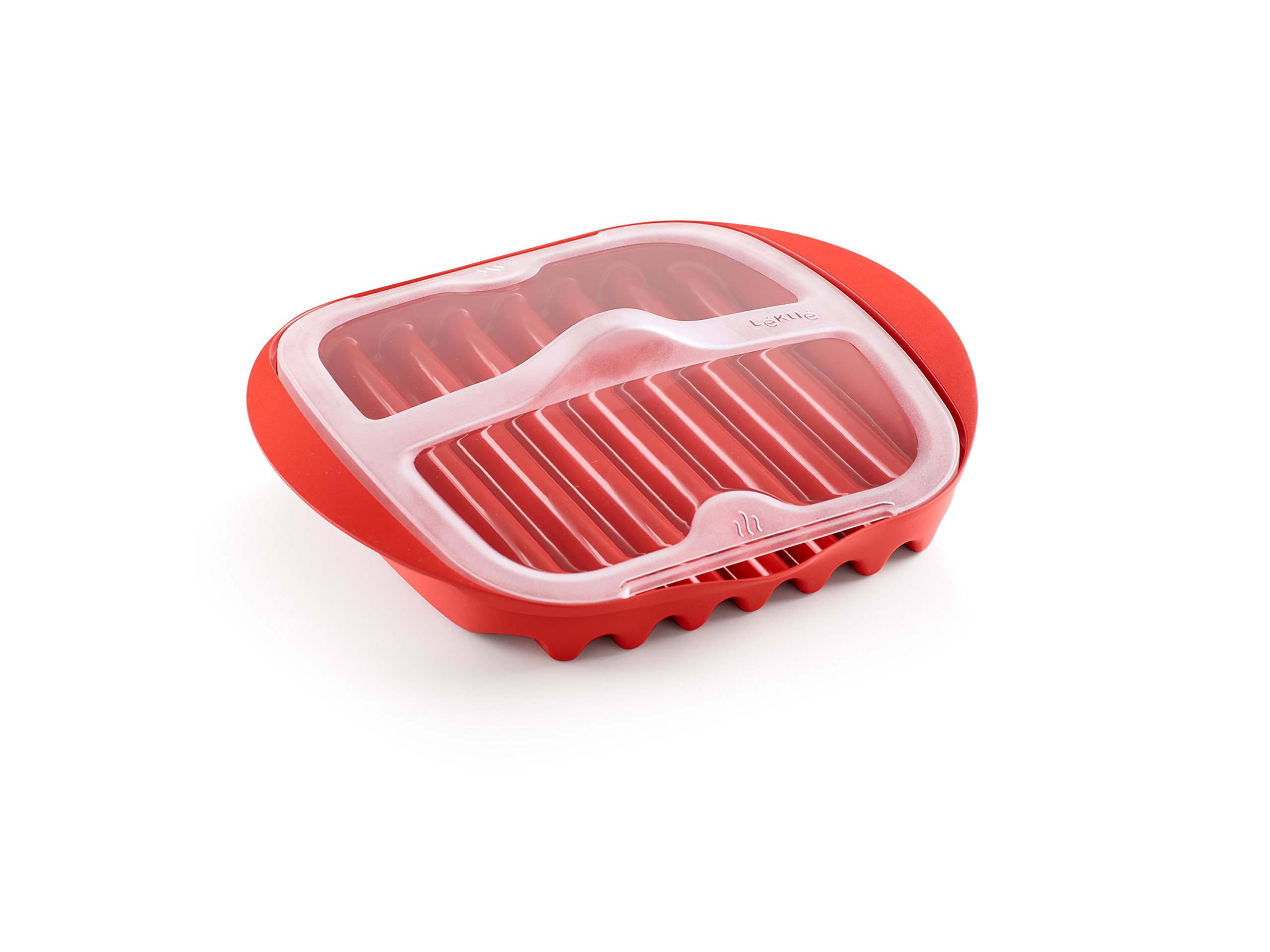 Lekue Microwave Bacon Cooker with Lid – Red, 11.02 x 9.8 x 2.3 Inches – Quick & Easy Bacon Maker for Breakfast, Sandwiches & Salads