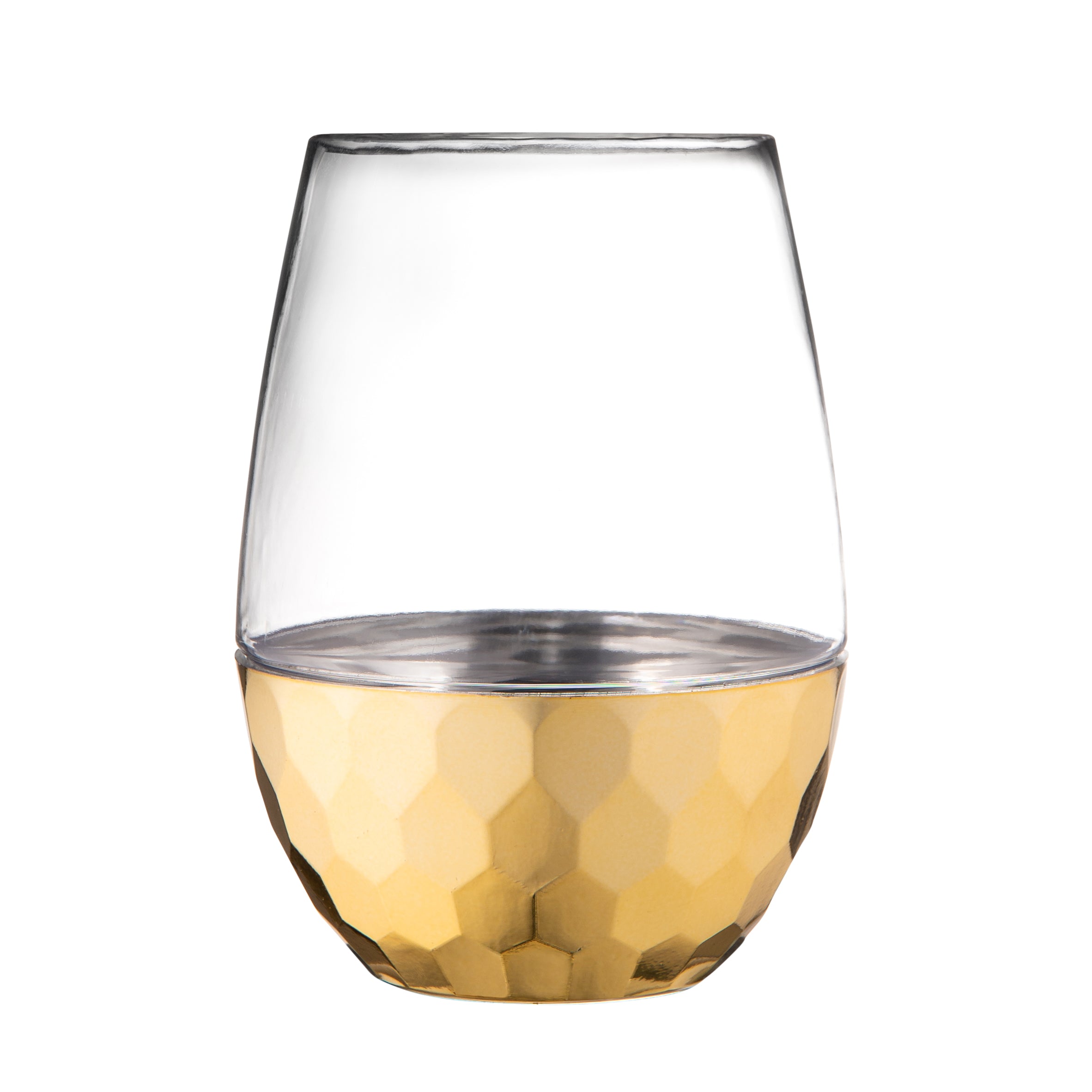 16 Oz Clear Stemless Wine Glasses with Hammered Gold Design - Set of 6 Shatterproof Goblets for Wedding, Party & Home Entertaining
