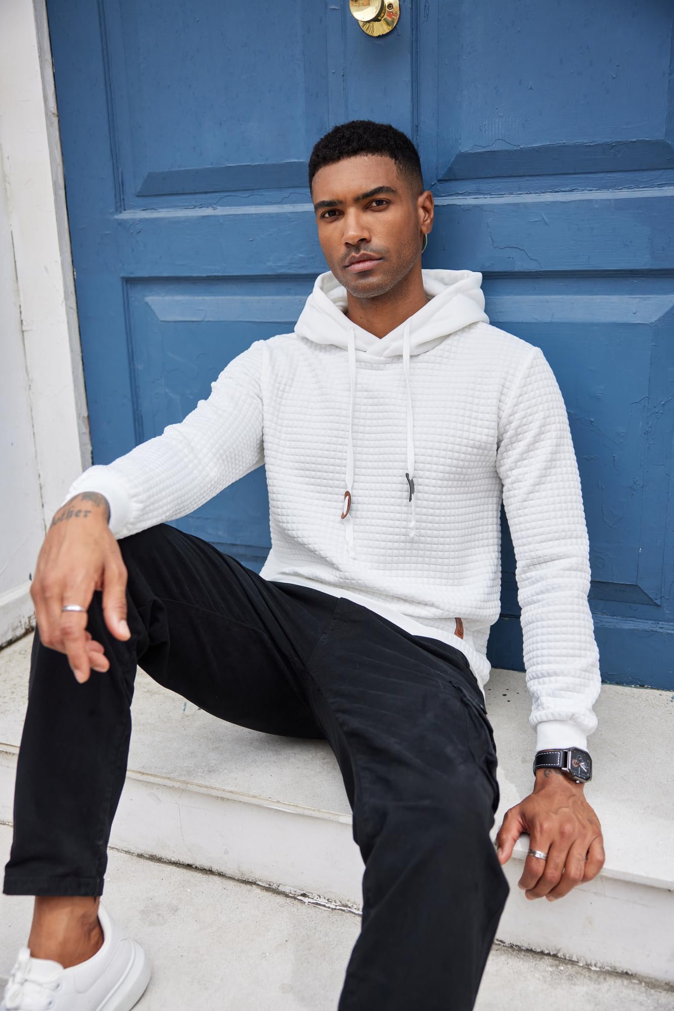 COOFANDY Men's Casual Hooded Sweatshirt - Long Sleeve Waffle Knit Pullover Hoodie with Drawstring for Fall Winter Outdoor Activities and Streetwear Fashion