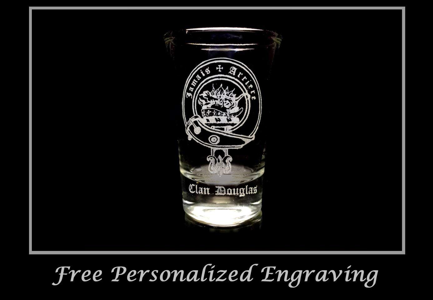 Personalized Scottish Clan Crest Shot Glass 2oz - Free Engraving, Celtic Design, Whiskey Tumbler for Scotch Tasting, Pub Parties & Scottish Heritage Gifts