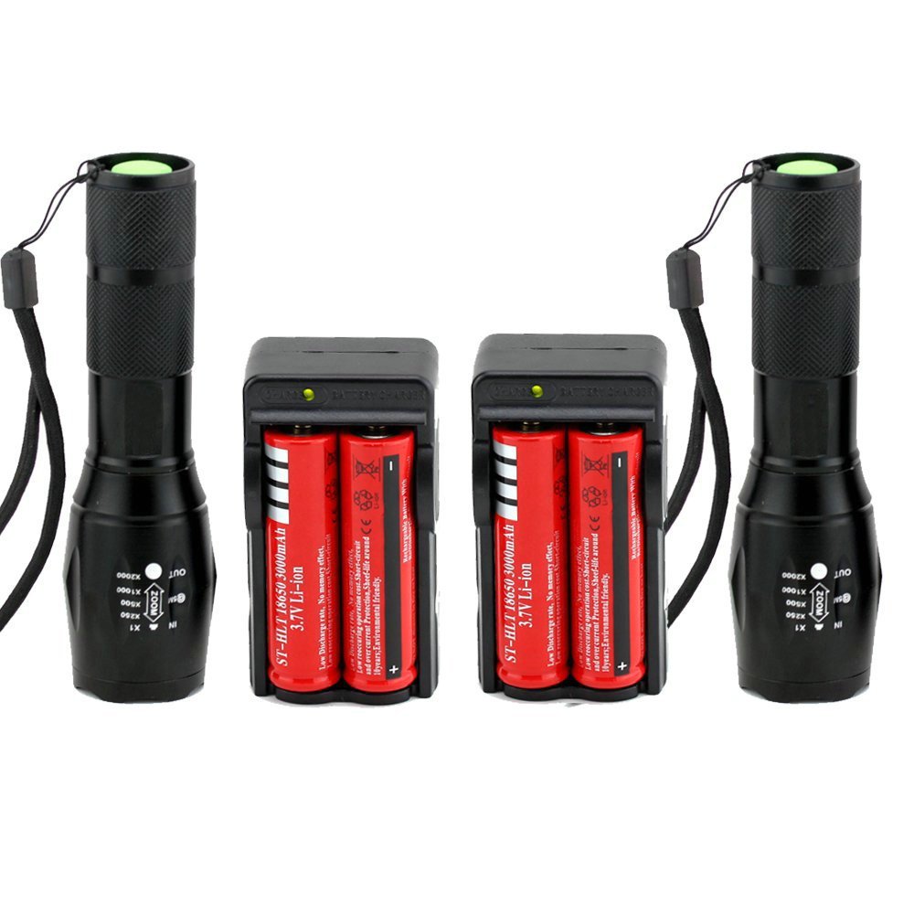 Zorpia 2-Piece A100/E17 Cree XML T6 LED Flashlight - 5 Mode Zoomable Torch with 4 Rechargeable Batteries & 2 Chargers - Perfect for Camping, Hiking, Emergency & Outdoor Adventures
