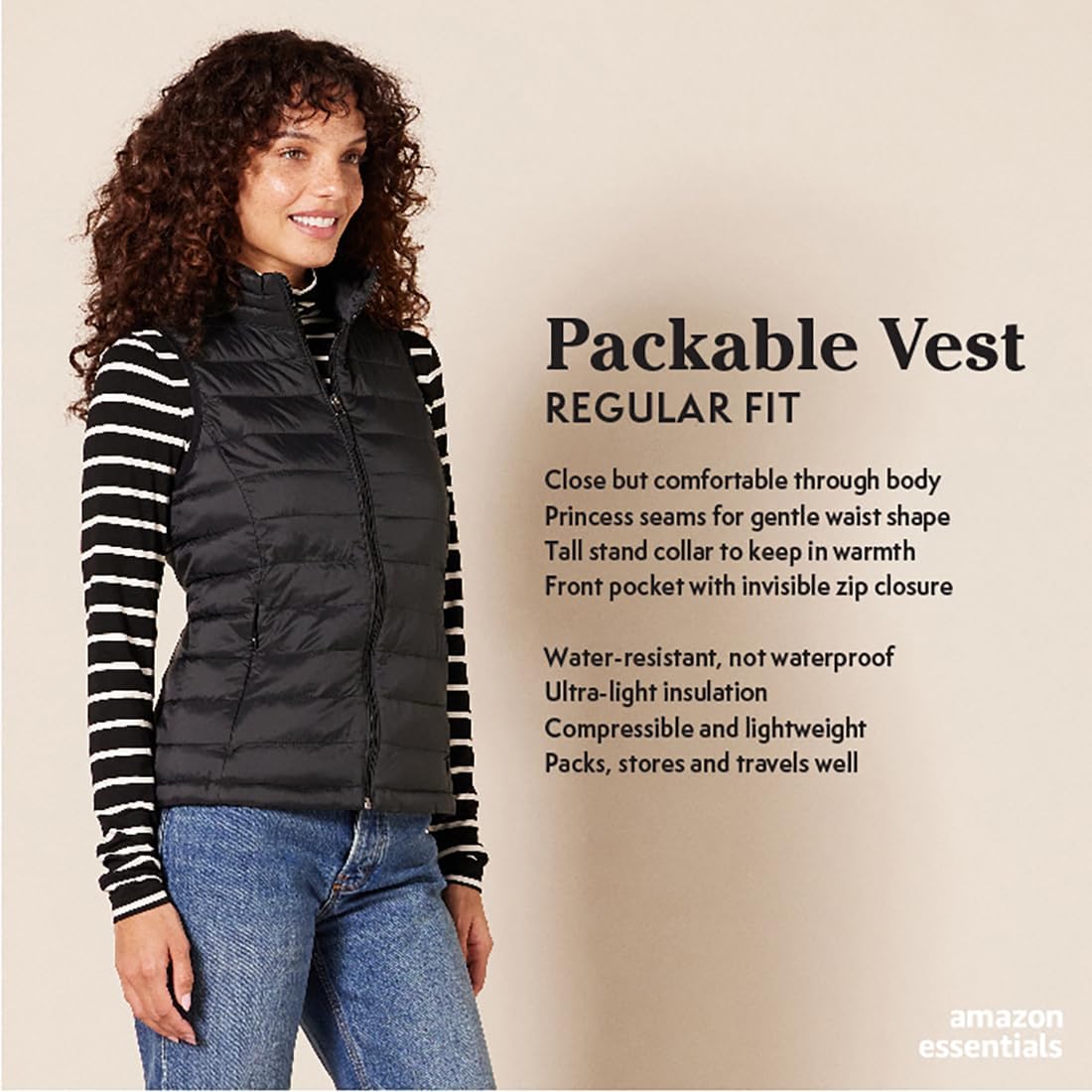 Amazon Essentials Women's Lightweight Water-Resistant Packable Puffer Vest - Warm Winter Jacket for Outdoor Activities, Hiking & Travel