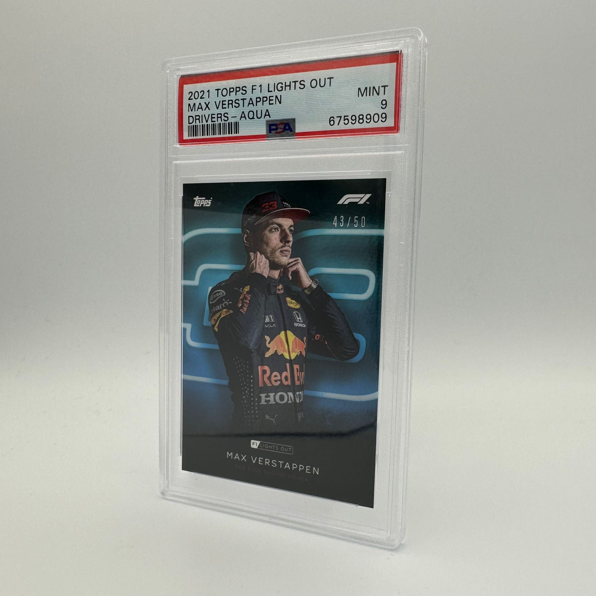 PSA 9 Graded 43/50 Max Verstappen 2021 Formula 1 Drivers Championship Aqua Parallel Trading Card - Perfect for Collectors, Racing Fans, and Investment Portfolios