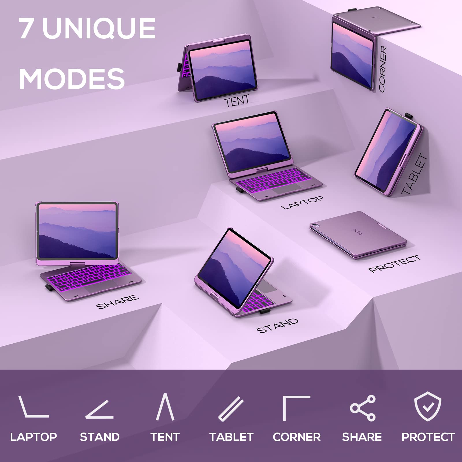 360° Rotatable Touch Keyboard Case with Trackpad for iPad Air 11-inch (M3 2025/M2 2024) - Wireless Backlit Keyboard with 11 Color Options & Pencil Holder - Compatible with iPad Air 5th & 4th Gen (Purple) - Perfect for Work, Study & Creative Projects