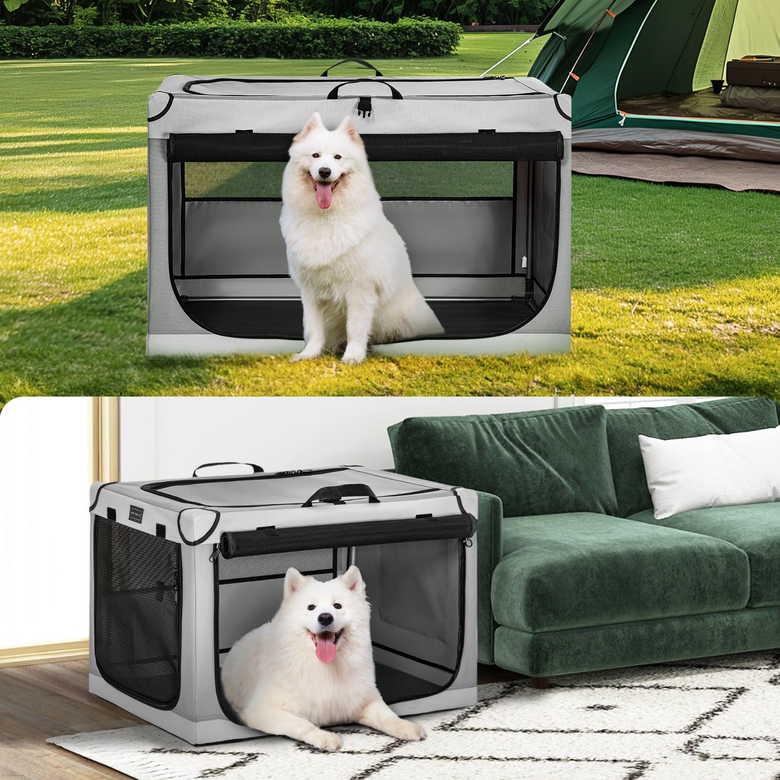 Petsfit 36 Inch Portable Soft Dog Crate - Lightweight, Sturdy & Comfortable Collapsible Pet Carrier with Thick Mat for Home, Travel & Outdoor Use - Easy Setup Foldable Kennel (Light Grey) - Perfect for Camping, Road Trips & Vet Visits