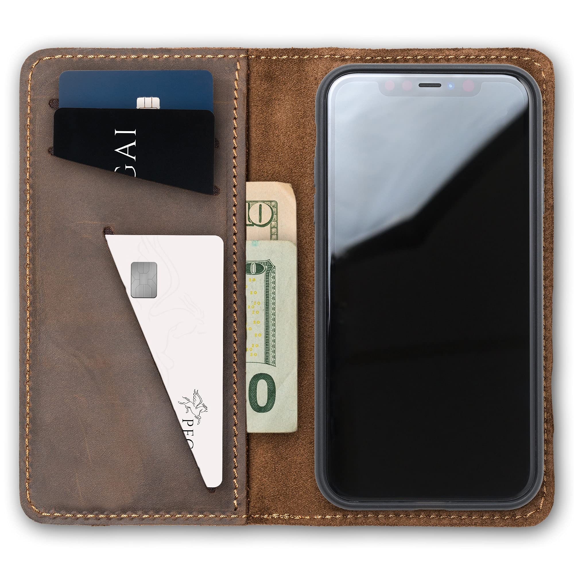 Premium PEGAI Personalized 100% Genuine Leather Wallet Case for iPhone XR - Magnetic Card Holder with Built-in Screen Protector | Handmade Protective Phone Cover | Perfect for Business, Travel & Everyday Use | McLean Chestnut Design