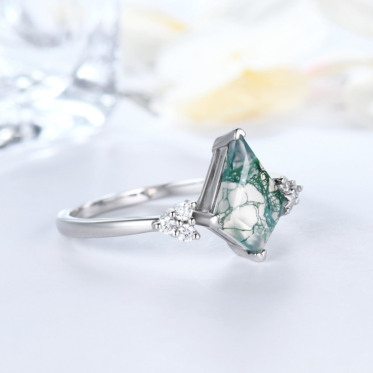 Vintage Kite-Shaped Natural Moss Agate & Diamond Engagement Ring in 14K White Gold - Perfect for Romantic Proposals, Anniversaries & Unique Bridal Jewelry