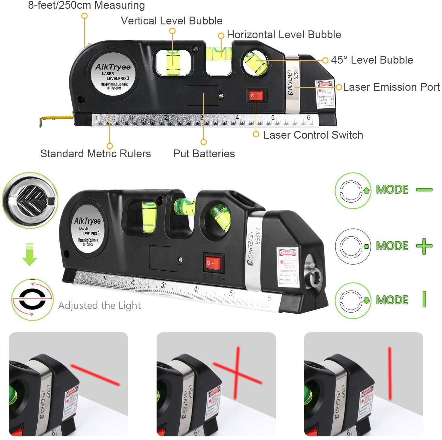 MORE BUY Self-Leveling Laser Level Tool - 360° Horizontal & Vertical Alignment with Bubble Vials, Measuring Tape & Ruler - Perfect for Construction, DIY Projects, Picture Hanging & Home Renovation (Black)
